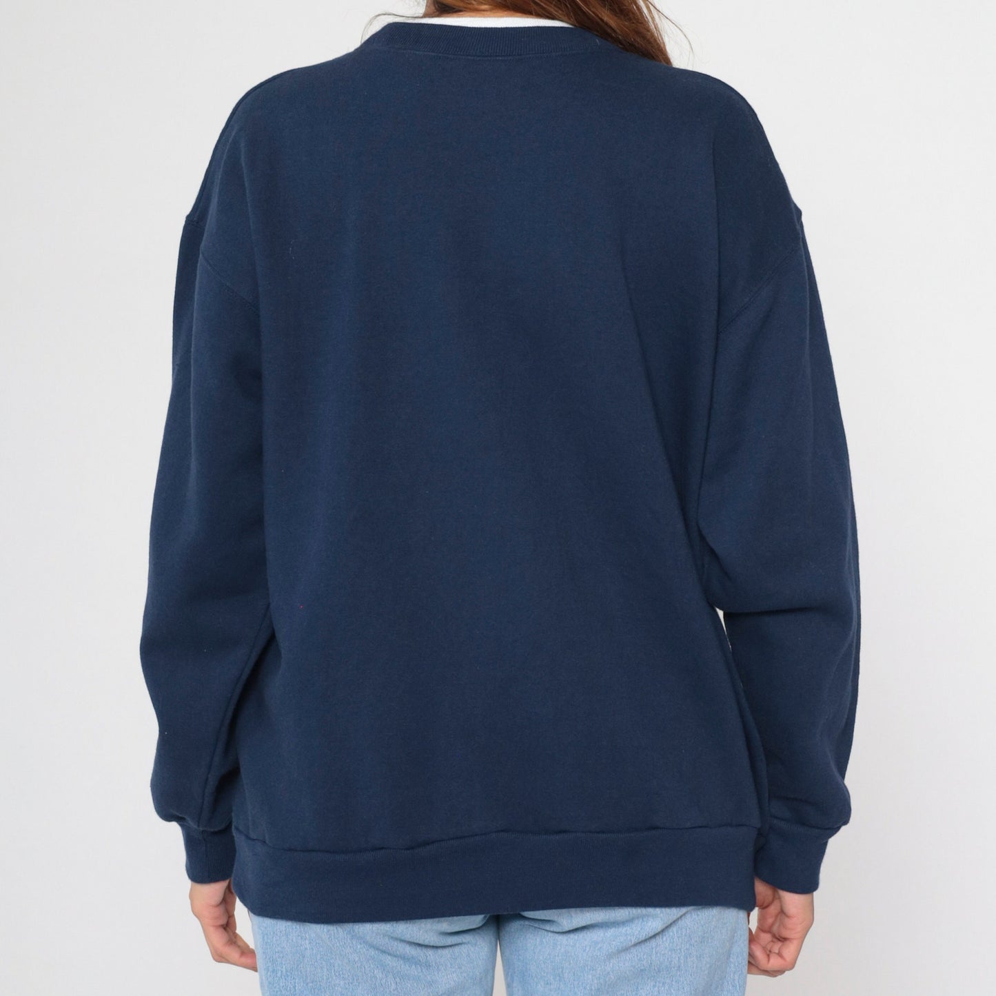 90s Grandma Rhinestone Navy Sweatshirt Embroidered Hearts Double Collar Large Petite