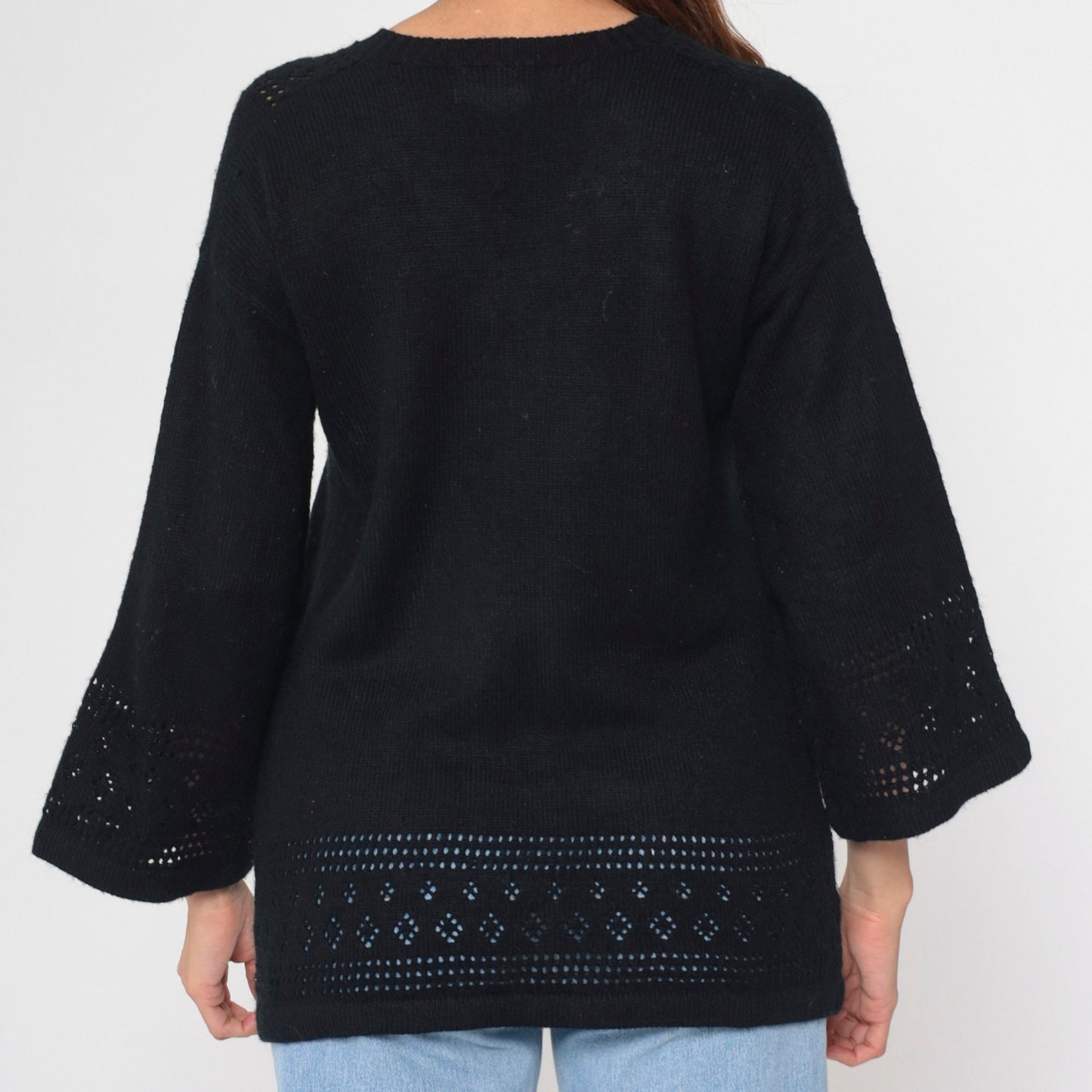 80s Black Cutwork Sweater Bell Sleeve V Neck Knit Pullover Large L