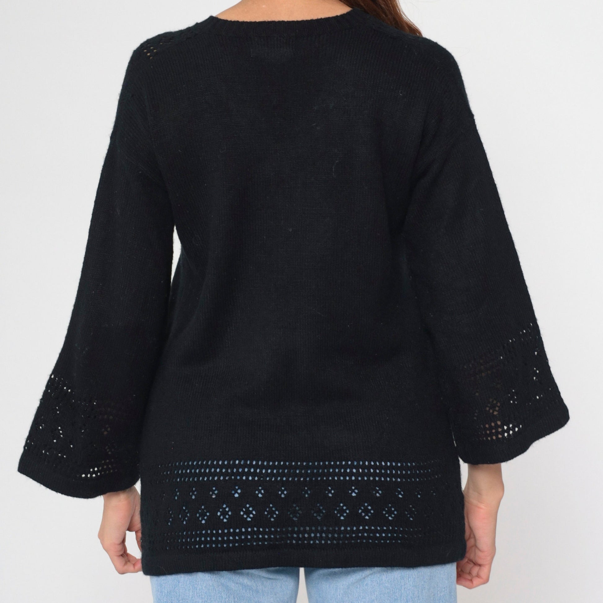 80s Black Cutwork Sweater Bell Sleeve V Neck Knit Pullover Large L