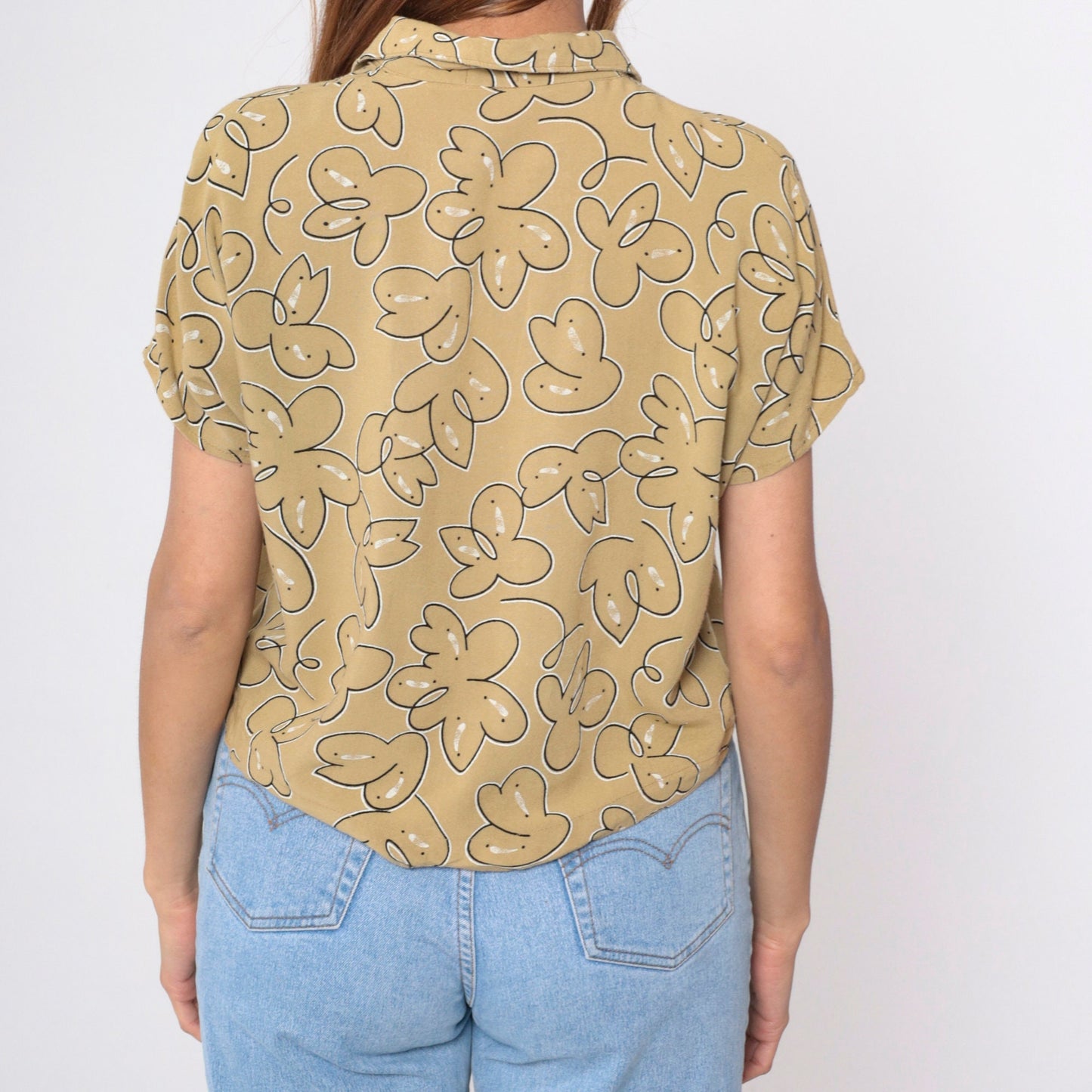 90s Abstract Floral Button-Up Blouse Mustard Short Sleeve Medium