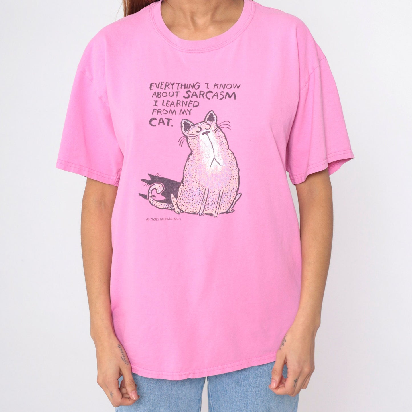 00s Cat Graphic T-Shirt Sarcasm Joke Pink Cotton Tee Large