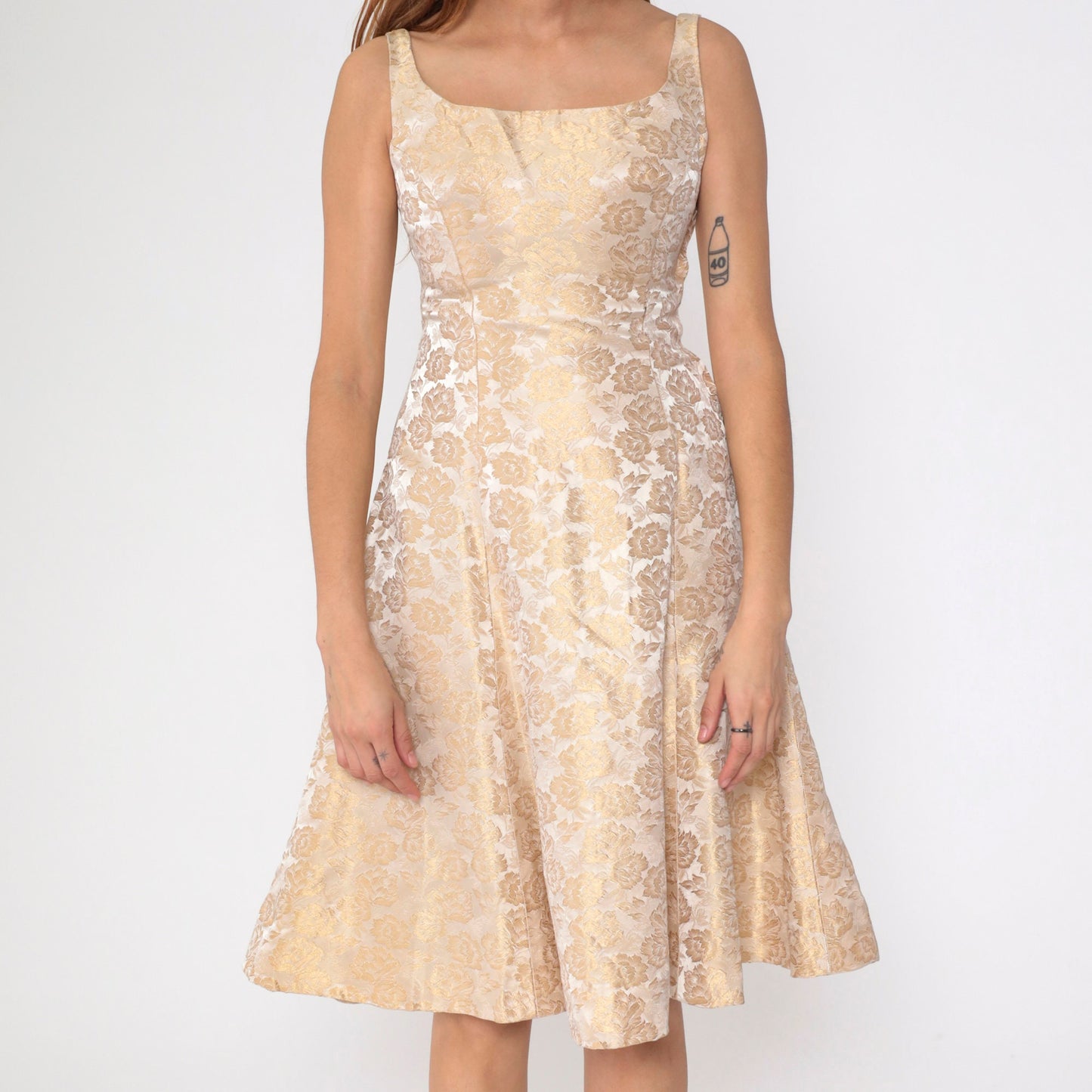 60s Metallic Champagne Floral Brocade Dress Sleeveless Fit Flare Knee Length Small