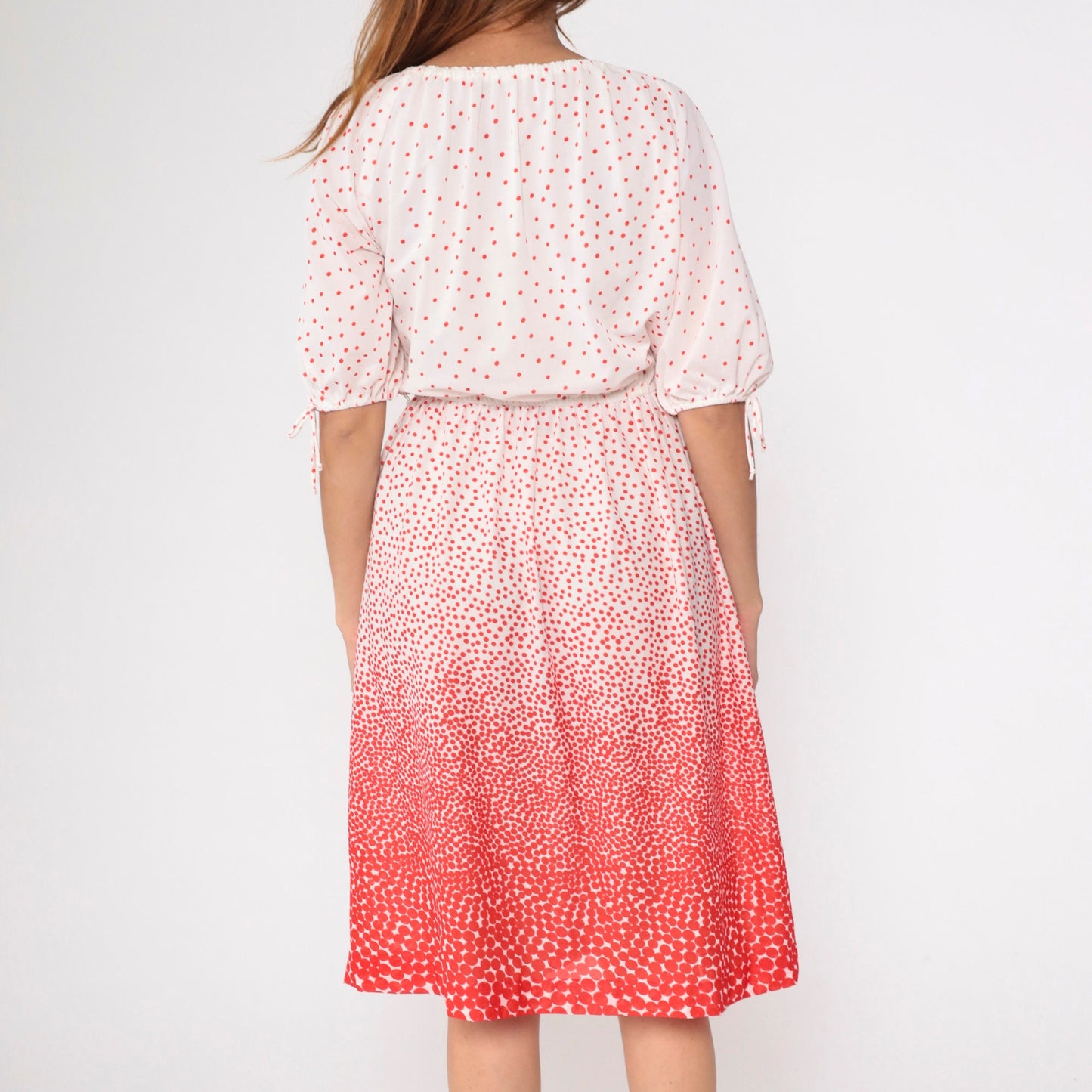 70s Peasant Dress Polka Dot Red White Midi Keyhole Neck Medium