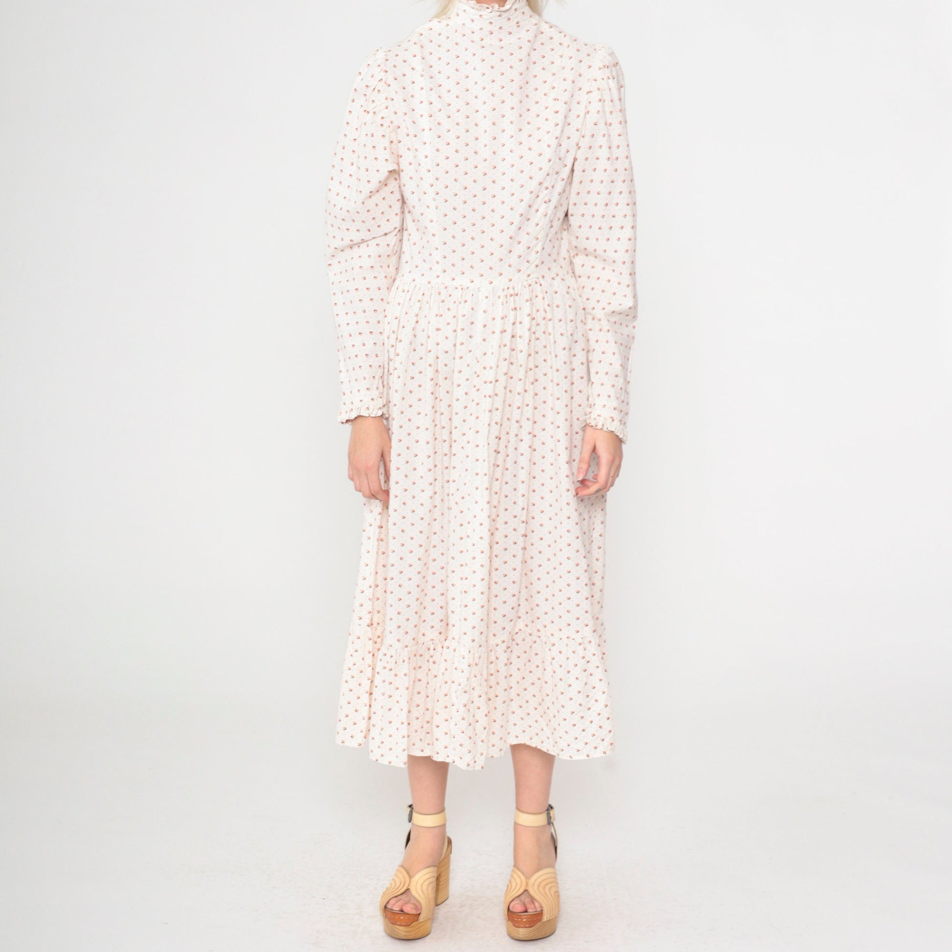 70s White Calico Floral Midi Dress Puff Sleeve High Neck Ruffled Small