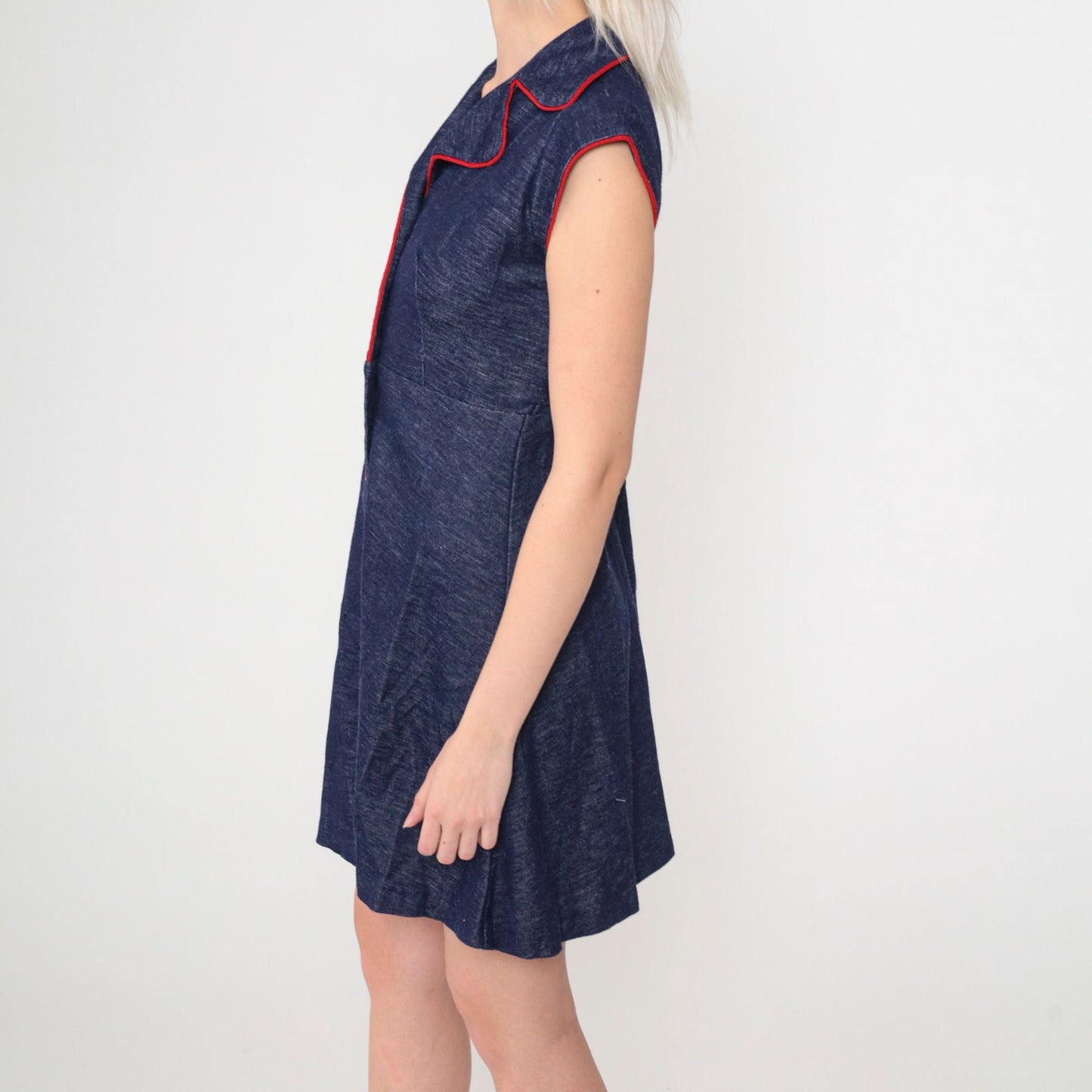 70s Dark Blue Mini Dress Cap Sleeve High Waist Button Up Flared Shirtdress Extra Small