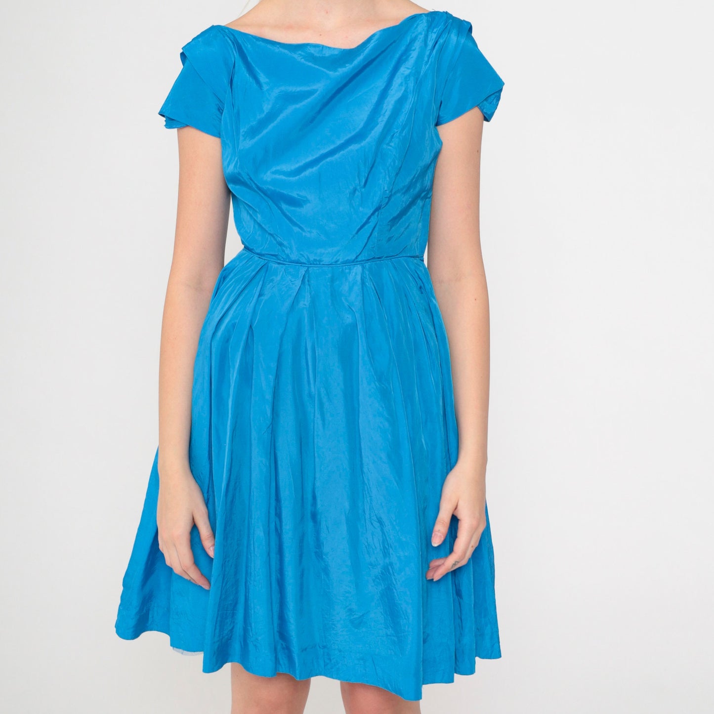 1950s Lorrie Deb San Francisco Blue Bow Cocktail Dress Cap Sleeve Extra Small