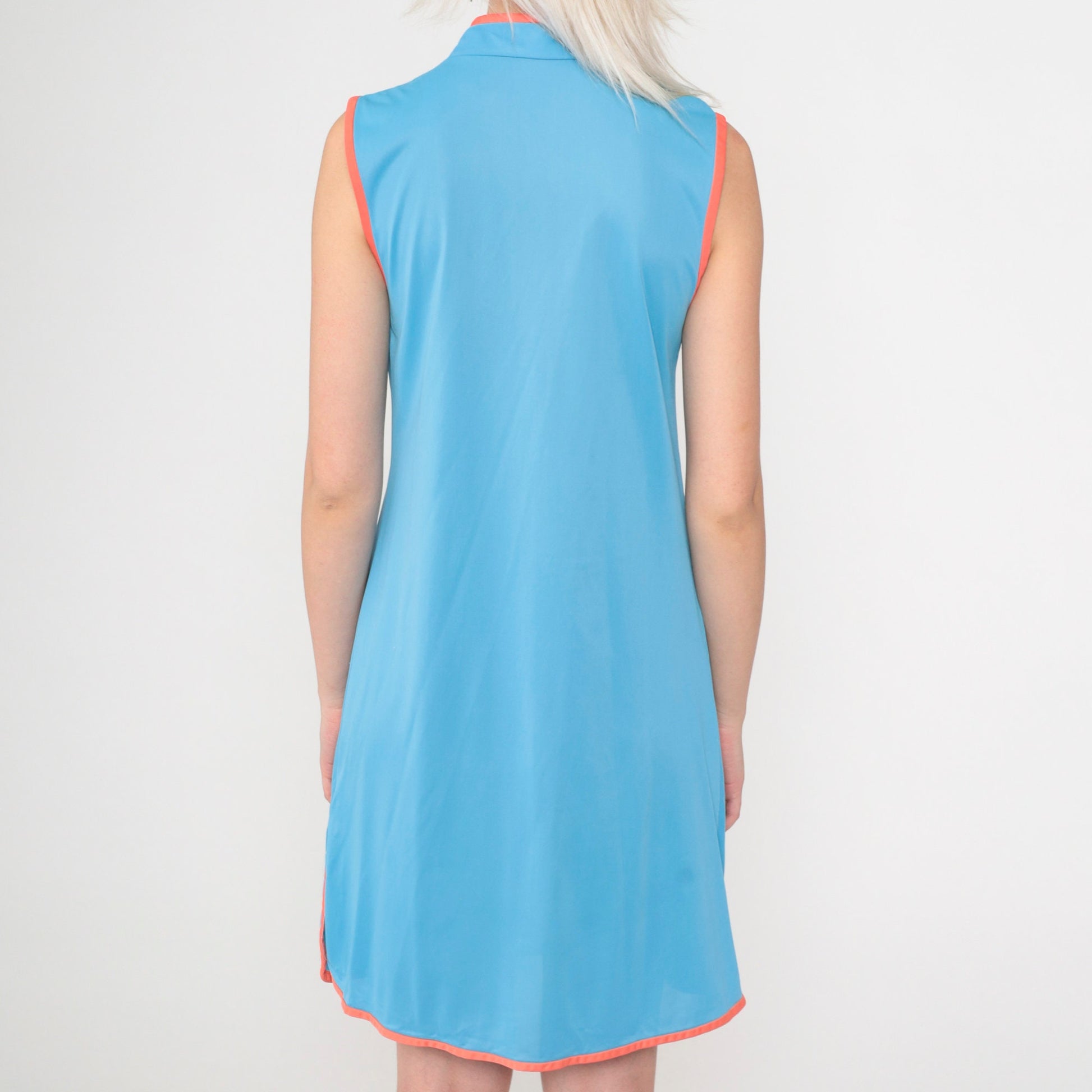70s Blue Slip Dress Mandarin Collar Keyhole Pagoda Patch Mini Small