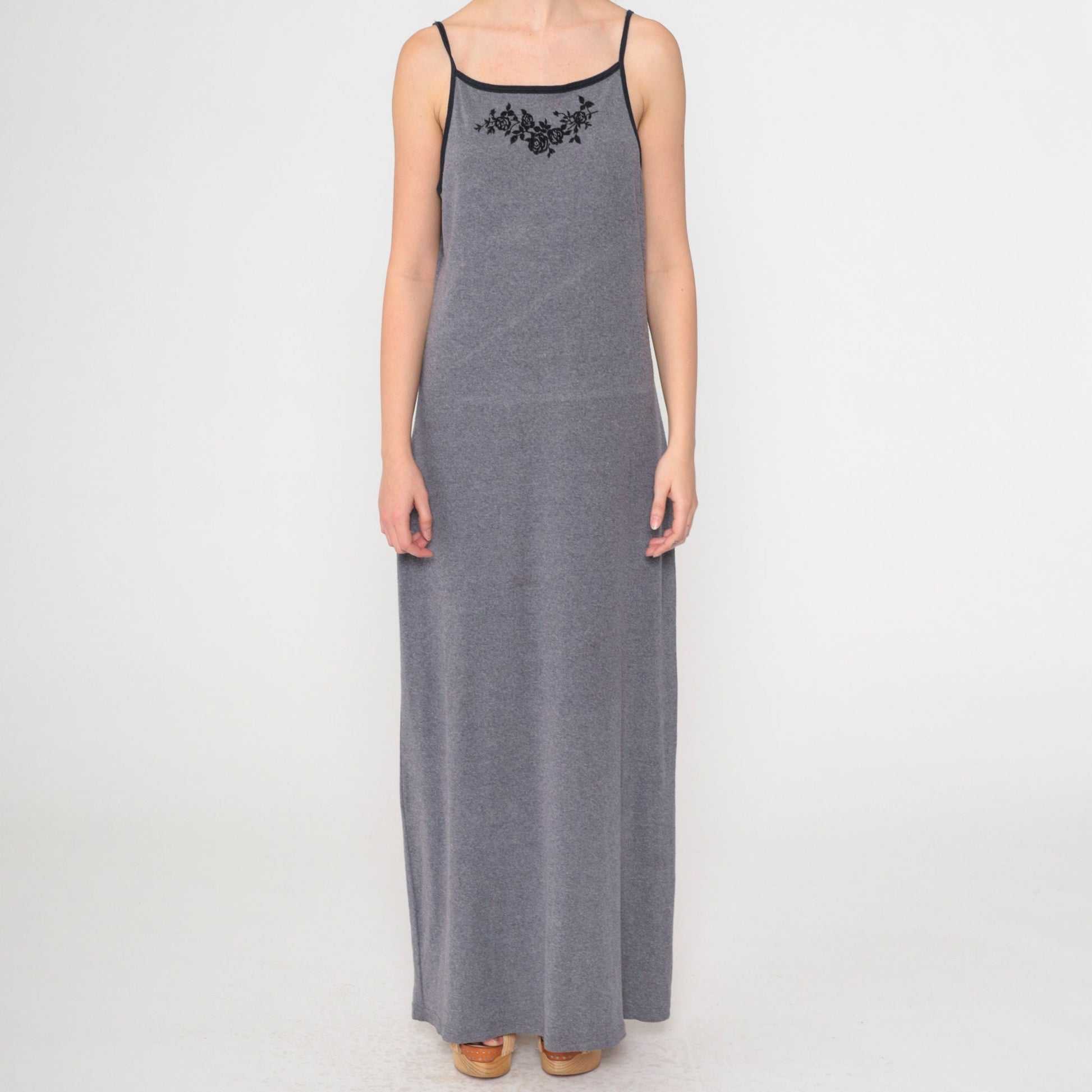 Y2K Grey Floral Maxi Dress Spaghetti Strap Bodycon 00s Xhilaration Medium