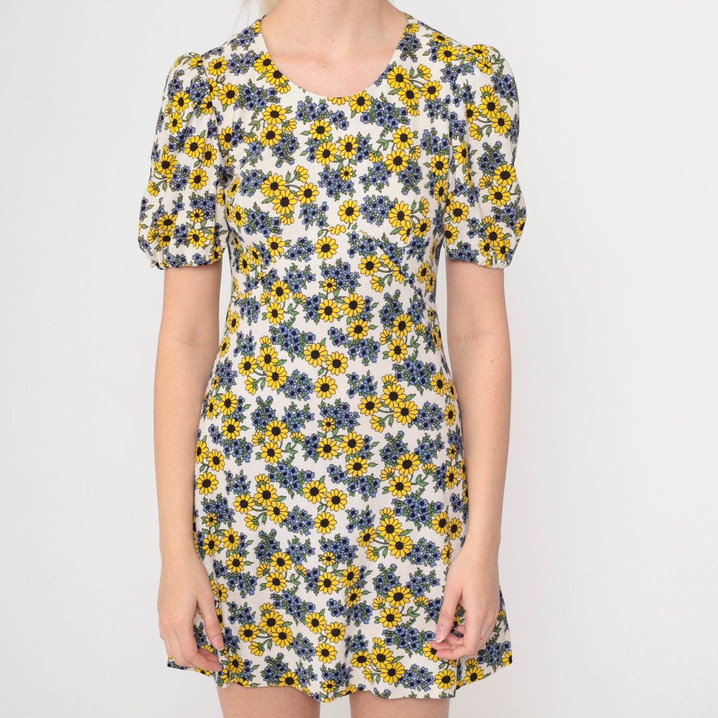 70s Floral Puff Sleeve Mini Dress Empire Waist Sunflower Print Extra Small