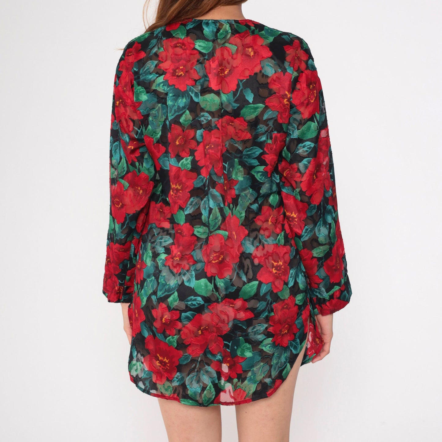 90s Victoria's Secret Floral Burnout Nightgown Long Sleeve Button Up Mini Red Small