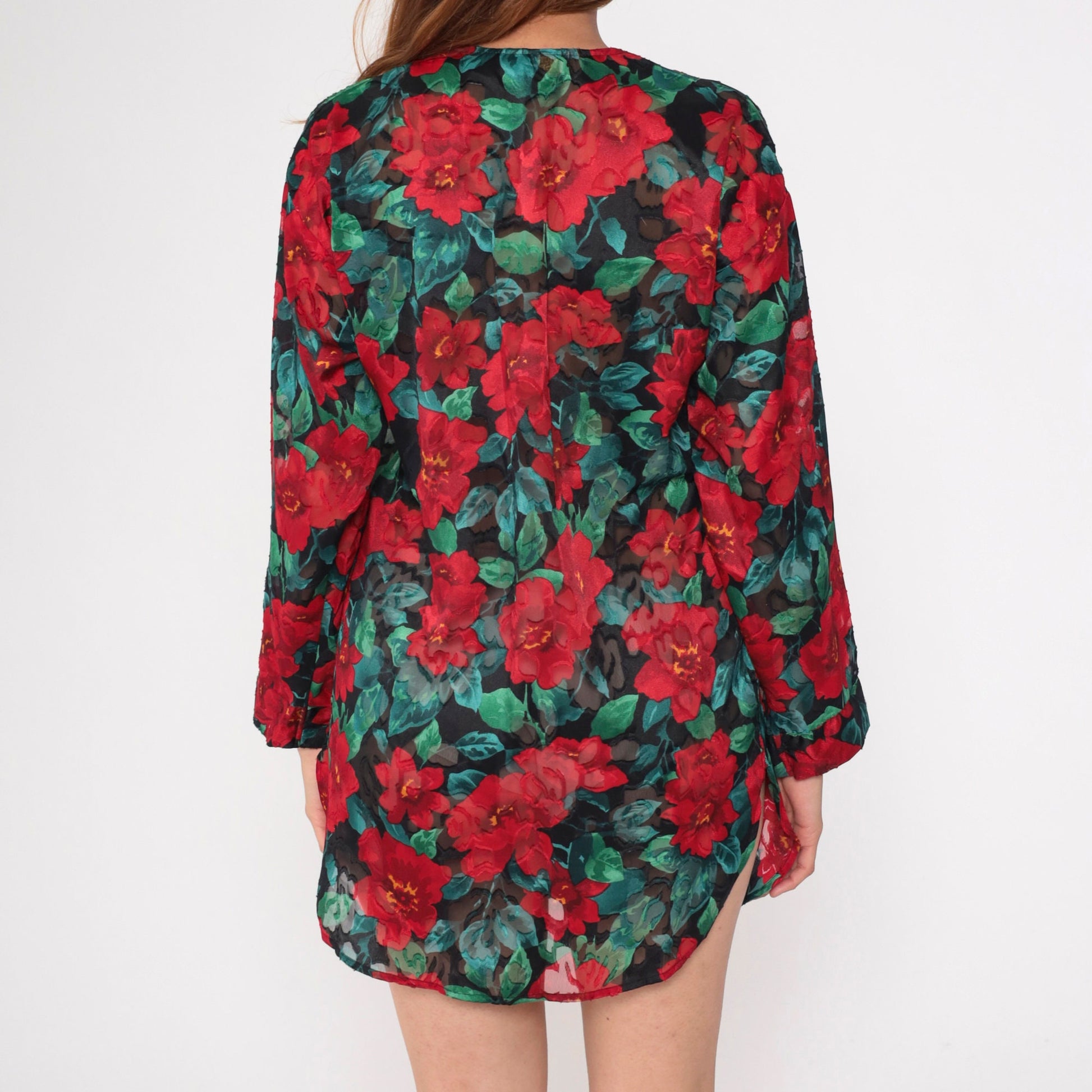 90s Victoria's Secret Floral Burnout Nightgown Long Sleeve Button Up Mini Red Small