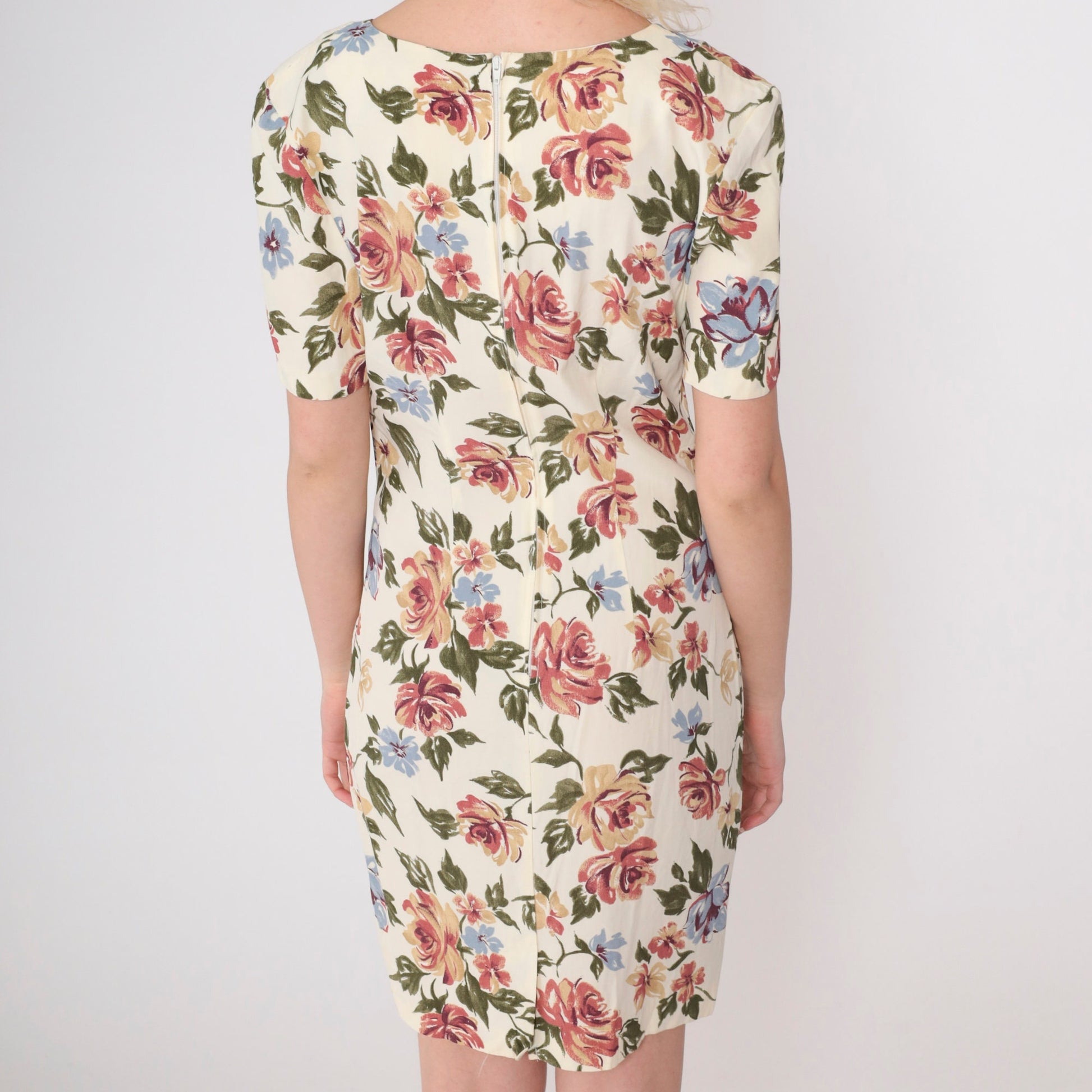 90s Pale Yellow Floral Mini Dress Scoop Neck Short Sleeve Small
