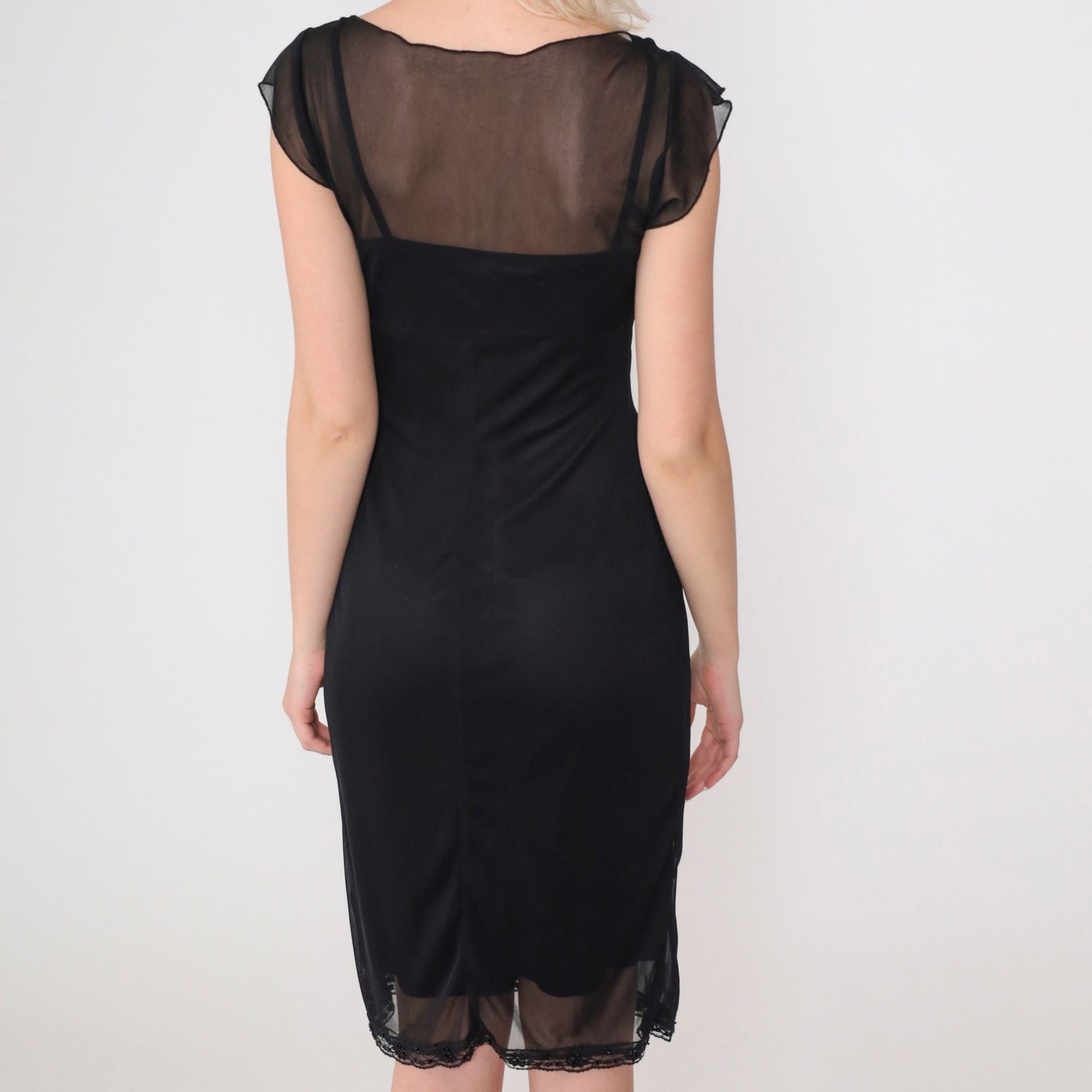 00s Black Beaded Midi Dress Sheer Cap Sleeve Empire Waist Keyhole Tie Neck Small