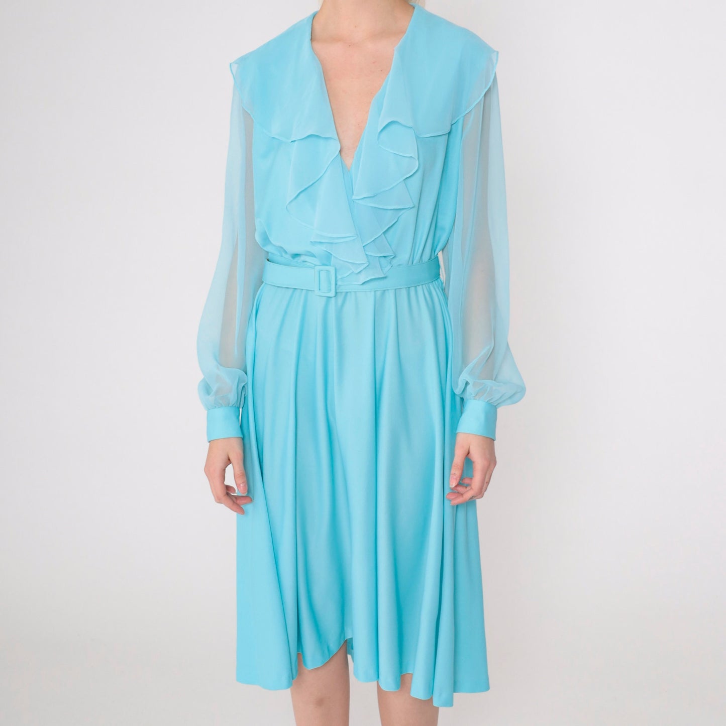70s Blue Chiffon Midi Dress Ruffled V-Neck High Waist Sheer Sleeves Medium M