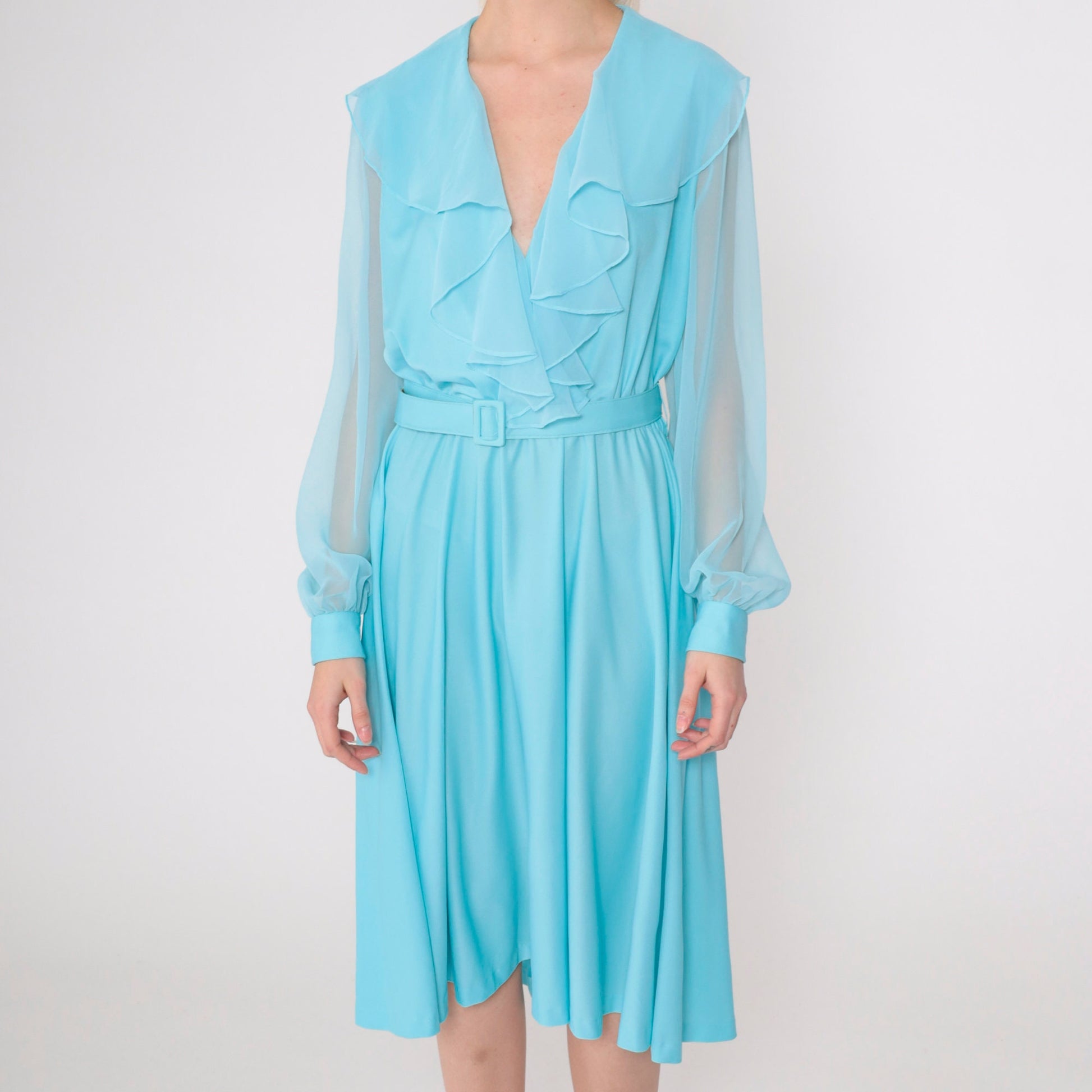 70s Blue Chiffon Midi Dress Ruffled V-Neck High Waist Sheer Sleeves Medium M