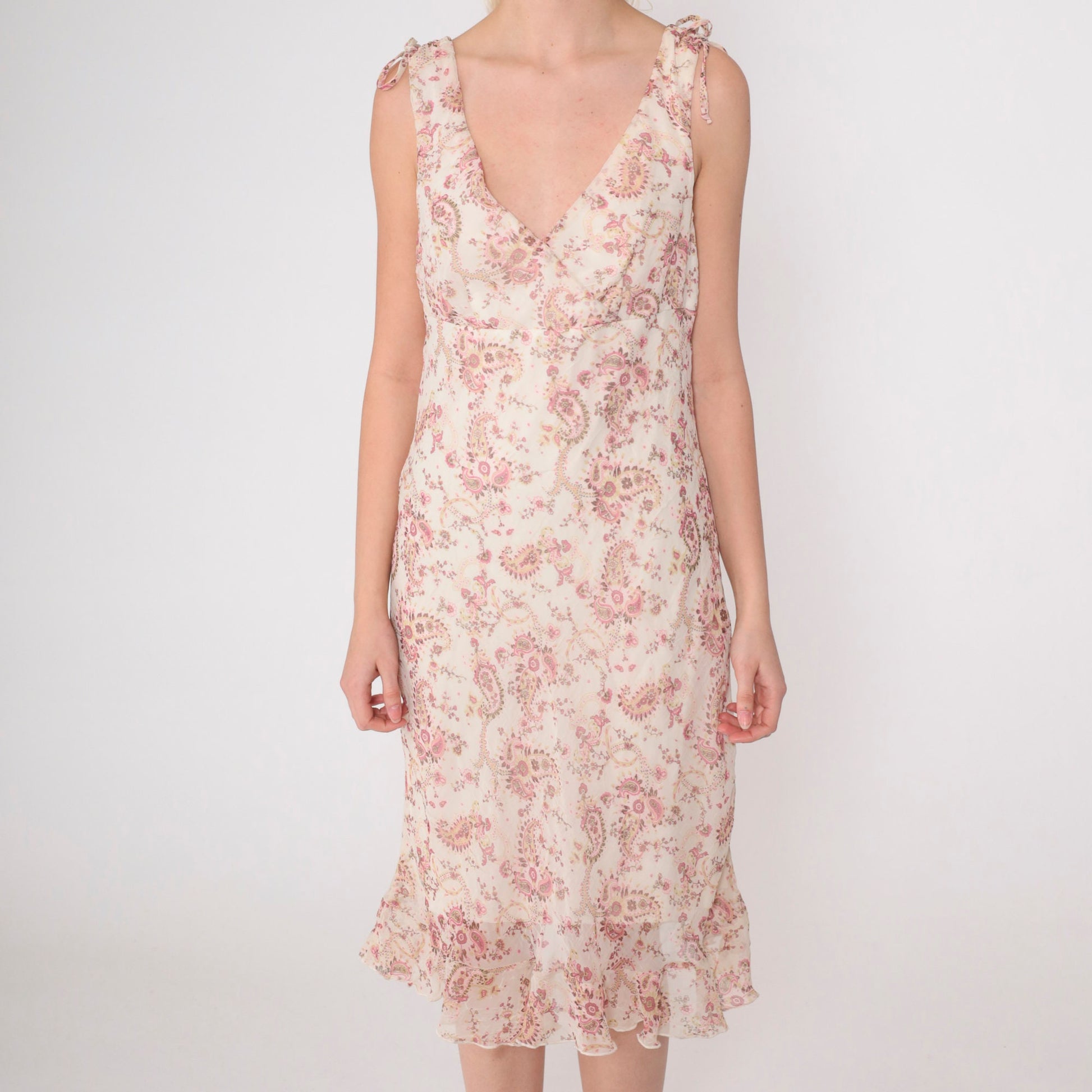 Y2K Paisley Chiffon Midi Dress Off-White Pink Empire Waist Surplice Medium