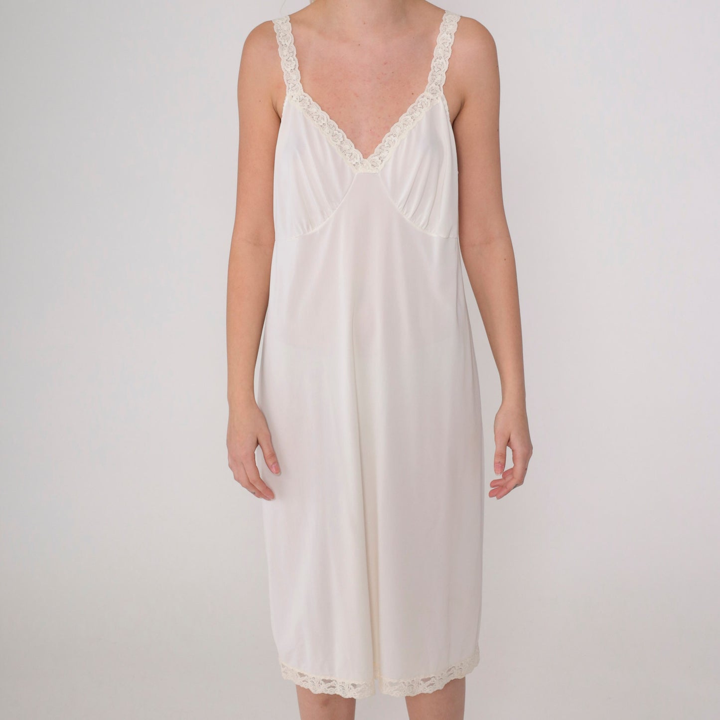 80s White Slip Dress Lace Trim Empire Waist Knee Length Large