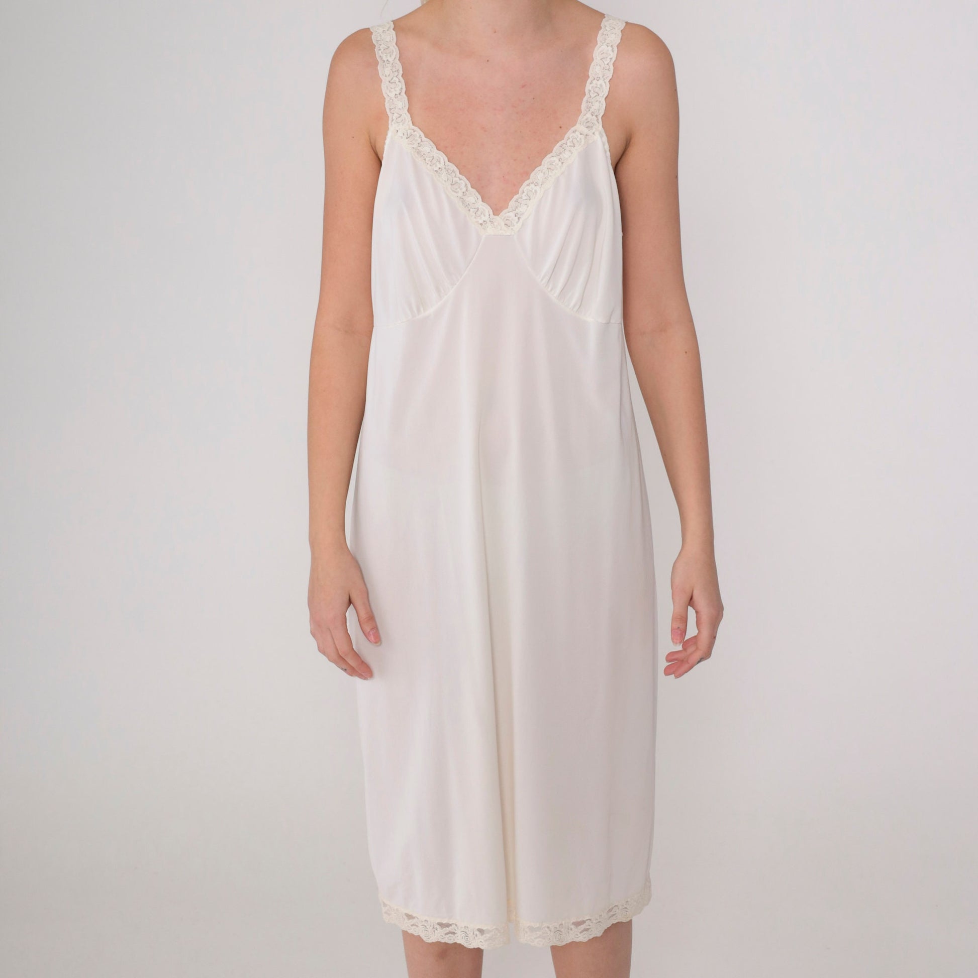 80s White Slip Dress Lace Trim Empire Waist Knee Length Large