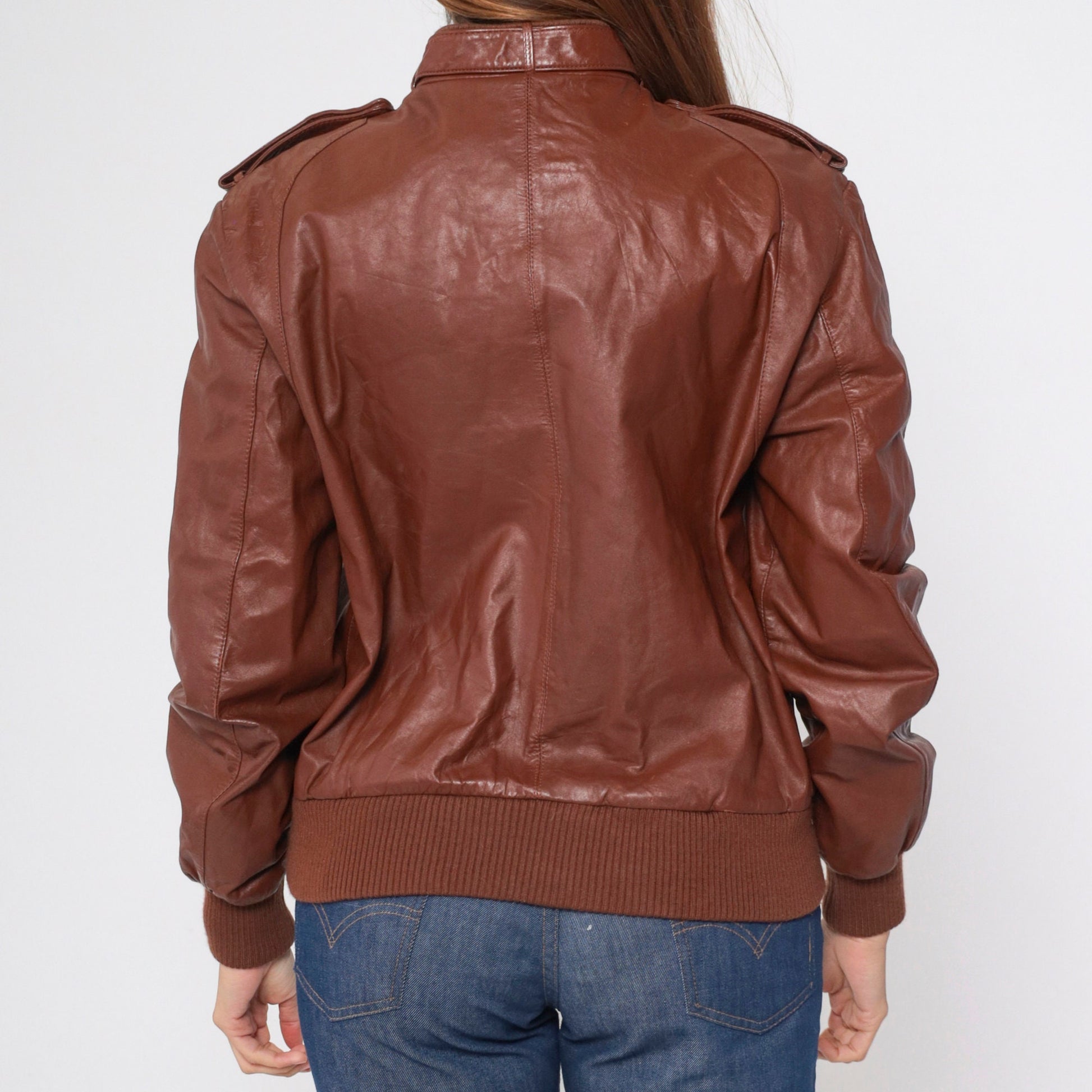 80s Brown Leather Bomber Jacket Moto Zip Shoulder Epaulette Men's Medium