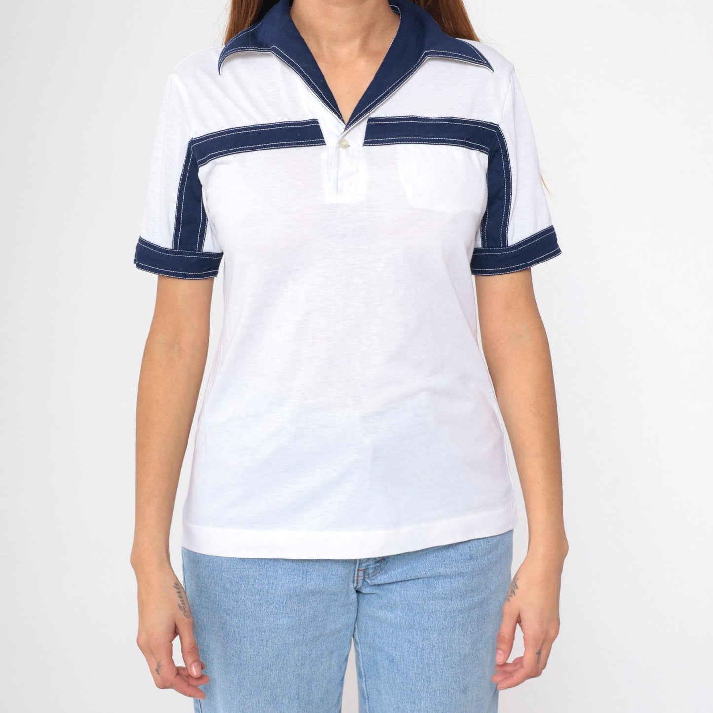 70s Striped Polo Shirt White Navy Blue Dagger Collar Short Sleeve Small