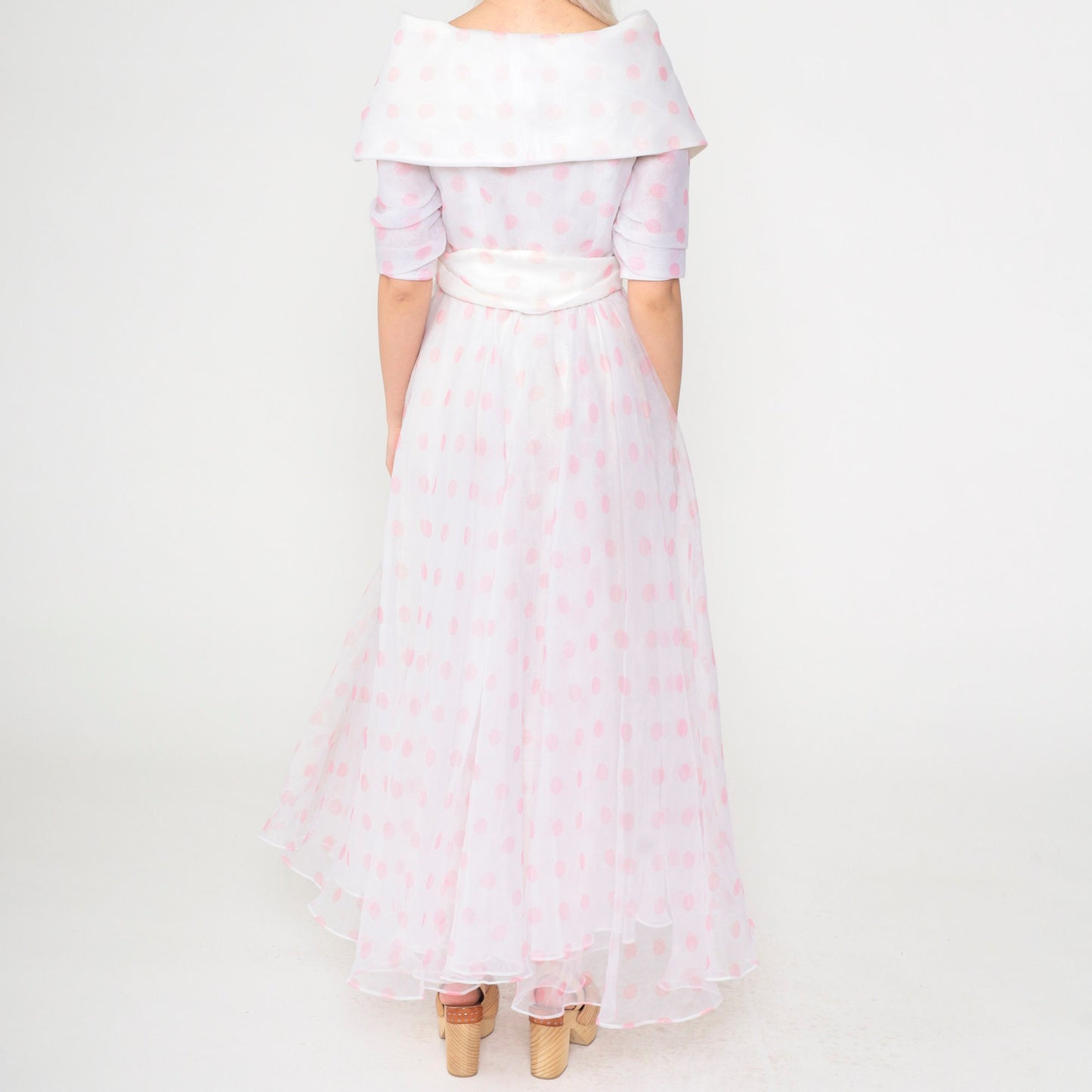 90s White Polka Dot Chiffon Maxi Dress Portrait Collar Pink Small 4