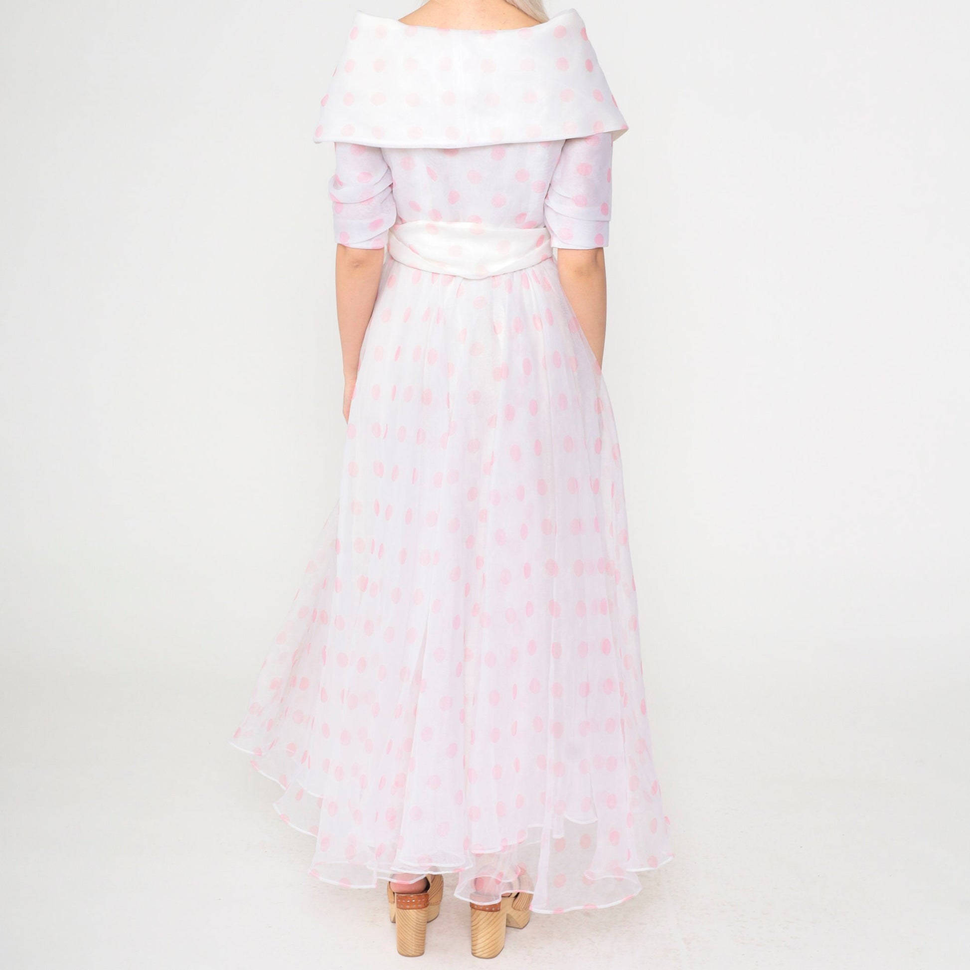 90s White Polka Dot Chiffon Maxi Dress Portrait Collar Pink Small 4