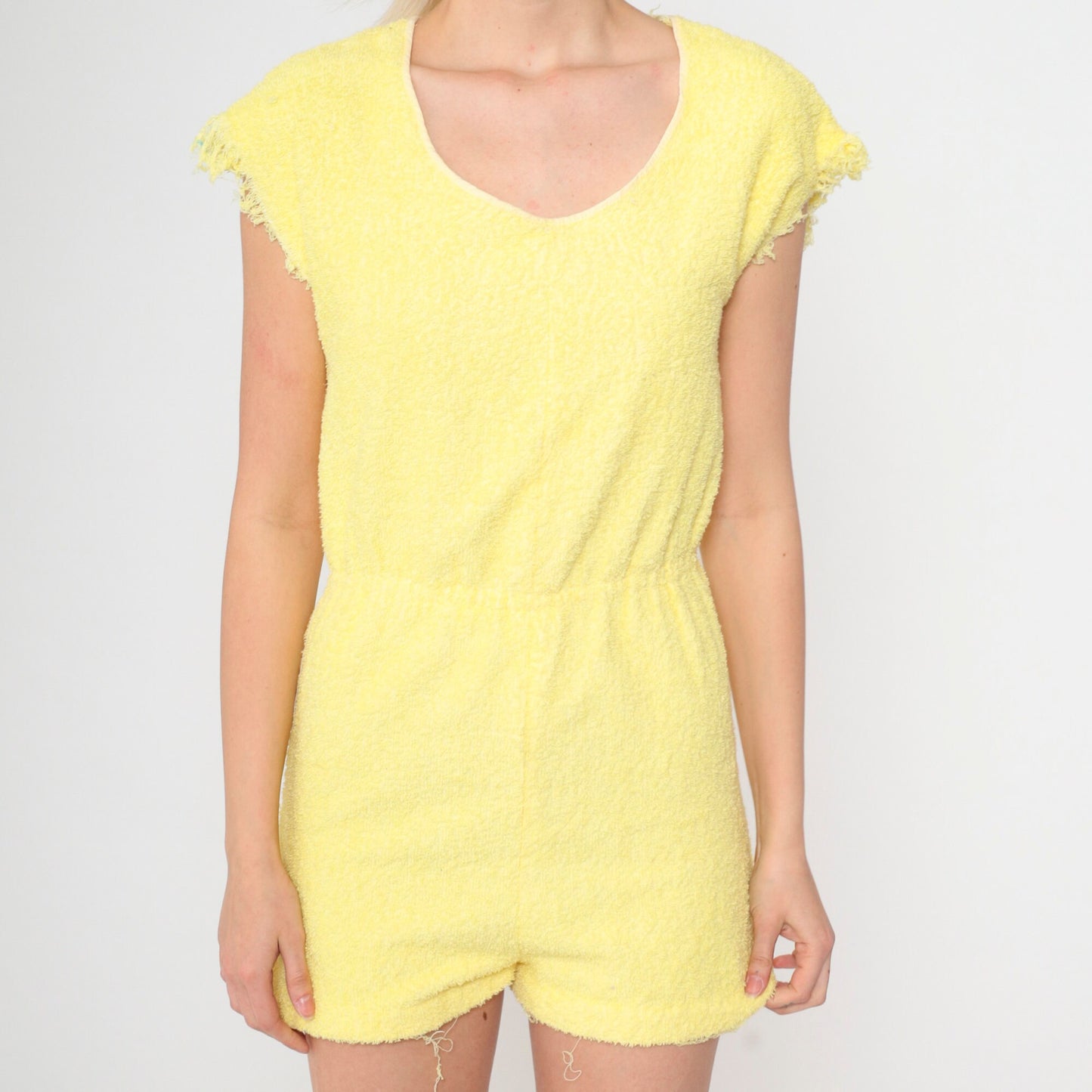 80s Yellow Terry Cloth Romper Playsuit Frayed Cap Sleeve Elastic Waist Extra Small