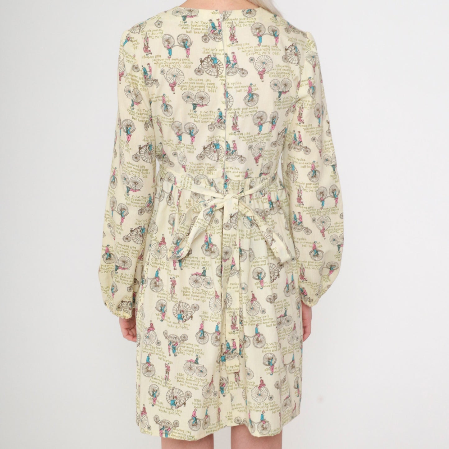 70s Mini Dress Antique Bicycle Print High Waist Long Sleeve Extra Small