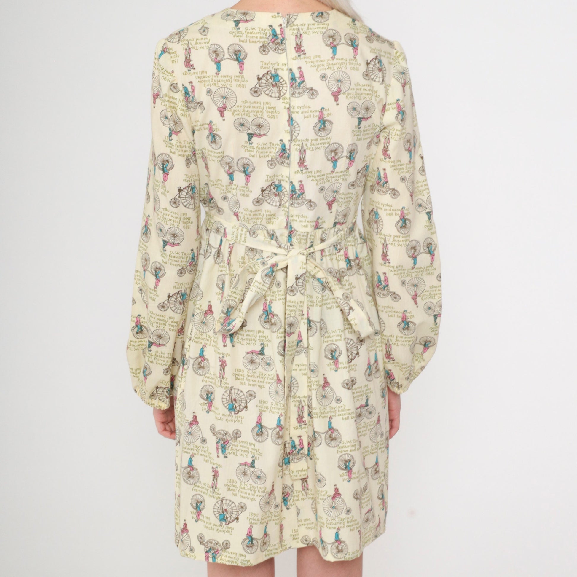 70s Mini Dress Antique Bicycle Print High Waist Long Sleeve Extra Small