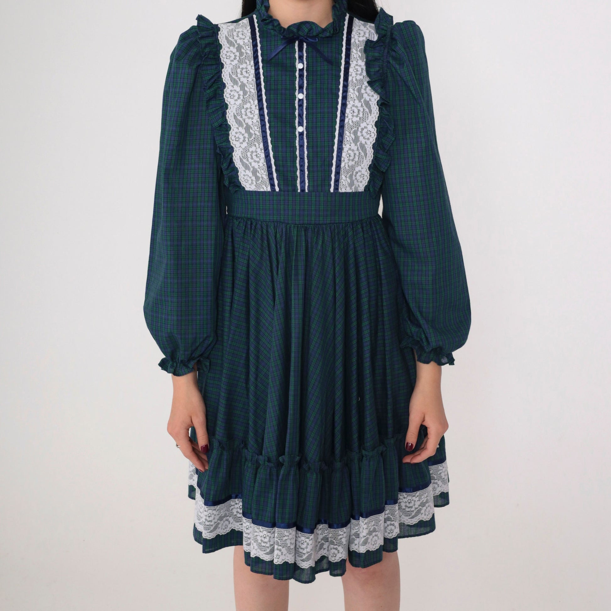 60s Plaid Mini Dress Puff Sleeve High Waisted Lace Trim Extra Small