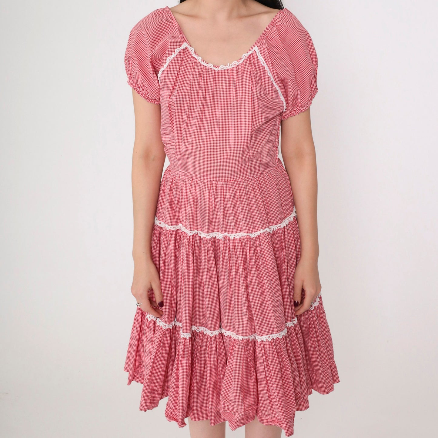 60s Red Gingham Prairie Dress Puff Sleeve Tiered Skirt High Waisted Small