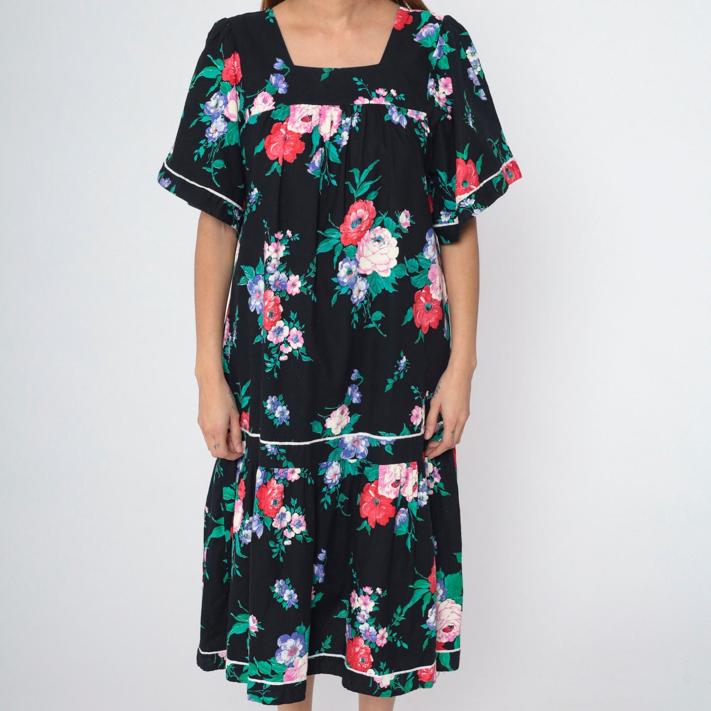 90s Black Floral Midi Dress Puff Sleeve Tent Cut Square Neckline Medium