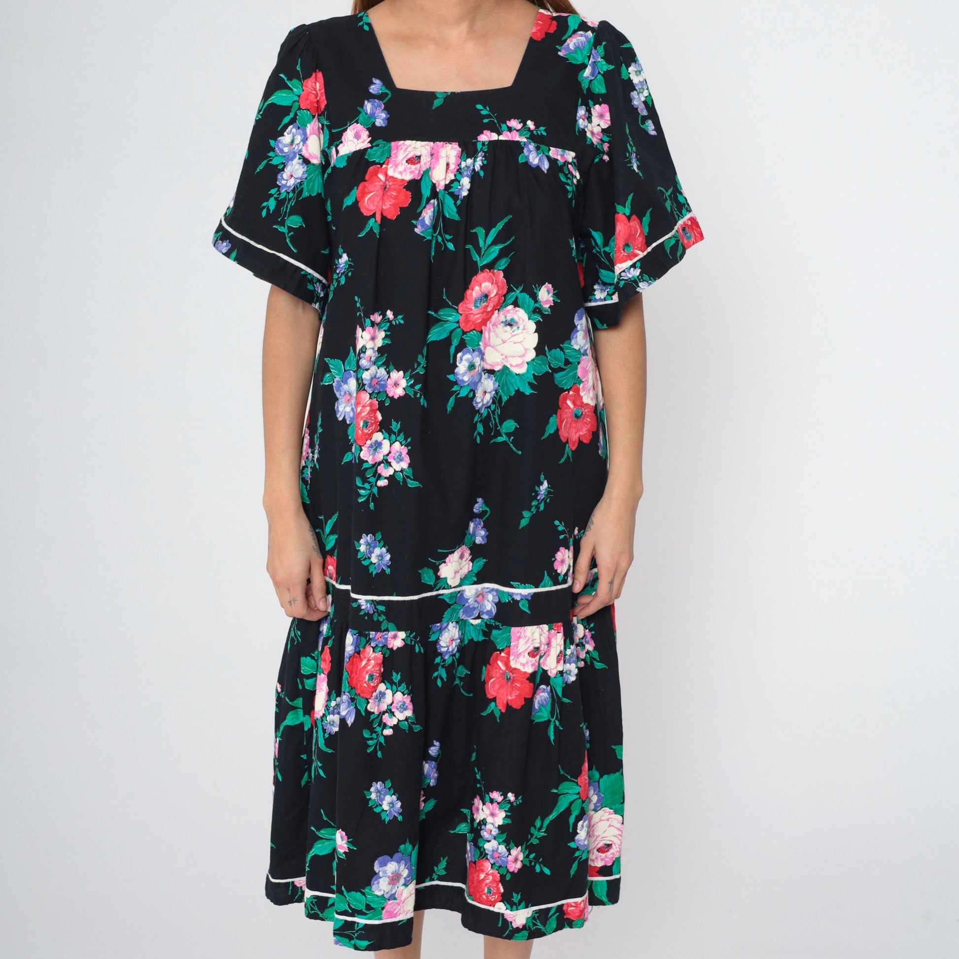 90s Black Floral Midi Dress Puff Sleeve Tent Cut Square Neckline Medium