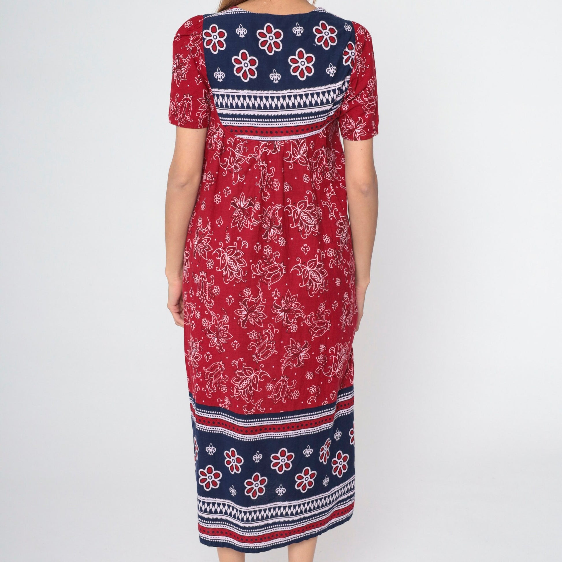 90s Red Floral Handkerchief Print Cotton Midi Dress Puff Sleeve Small