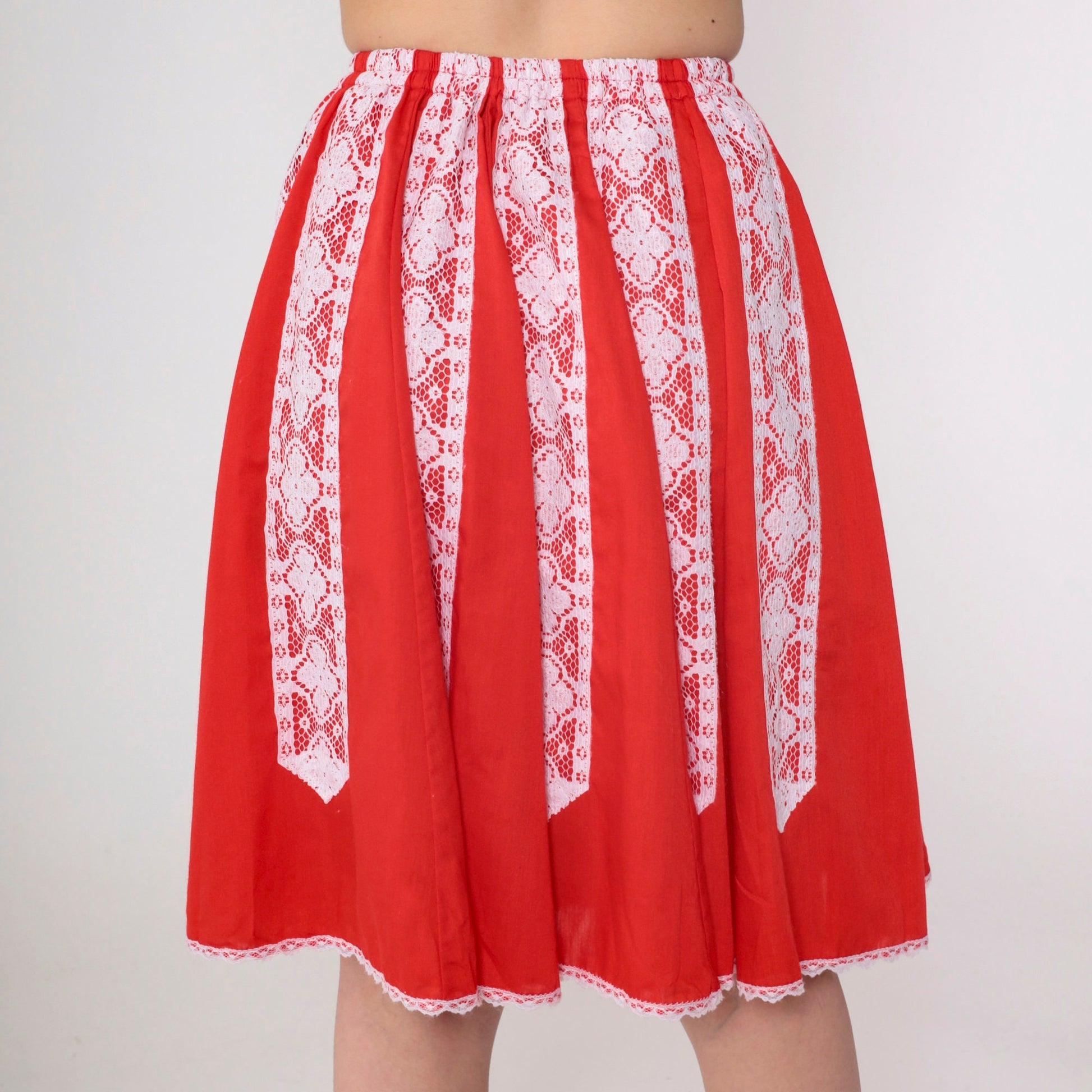 80s Red Lace Trim Mini Skirt White Floral High Waist Extra Small