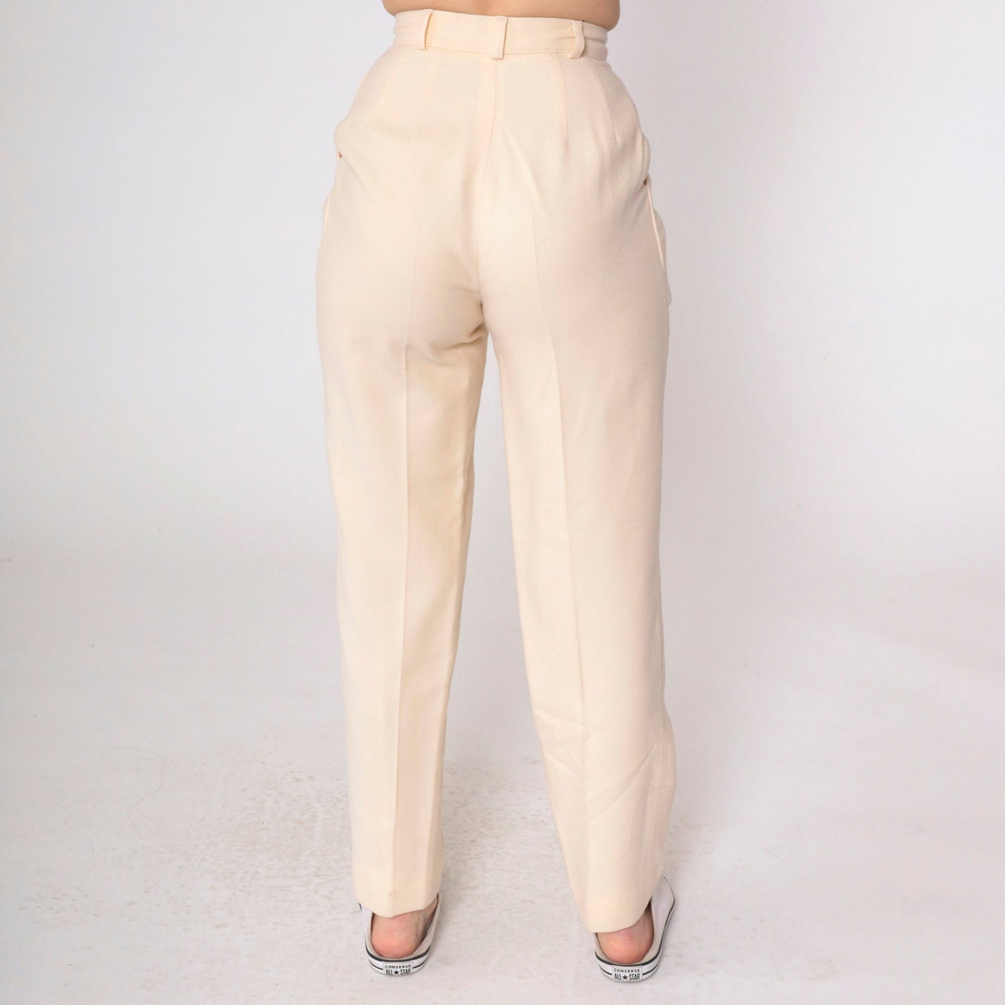 80s Jennifer Moore Cream Wool Pleated Trousers High Waisted Tapered Extra Small