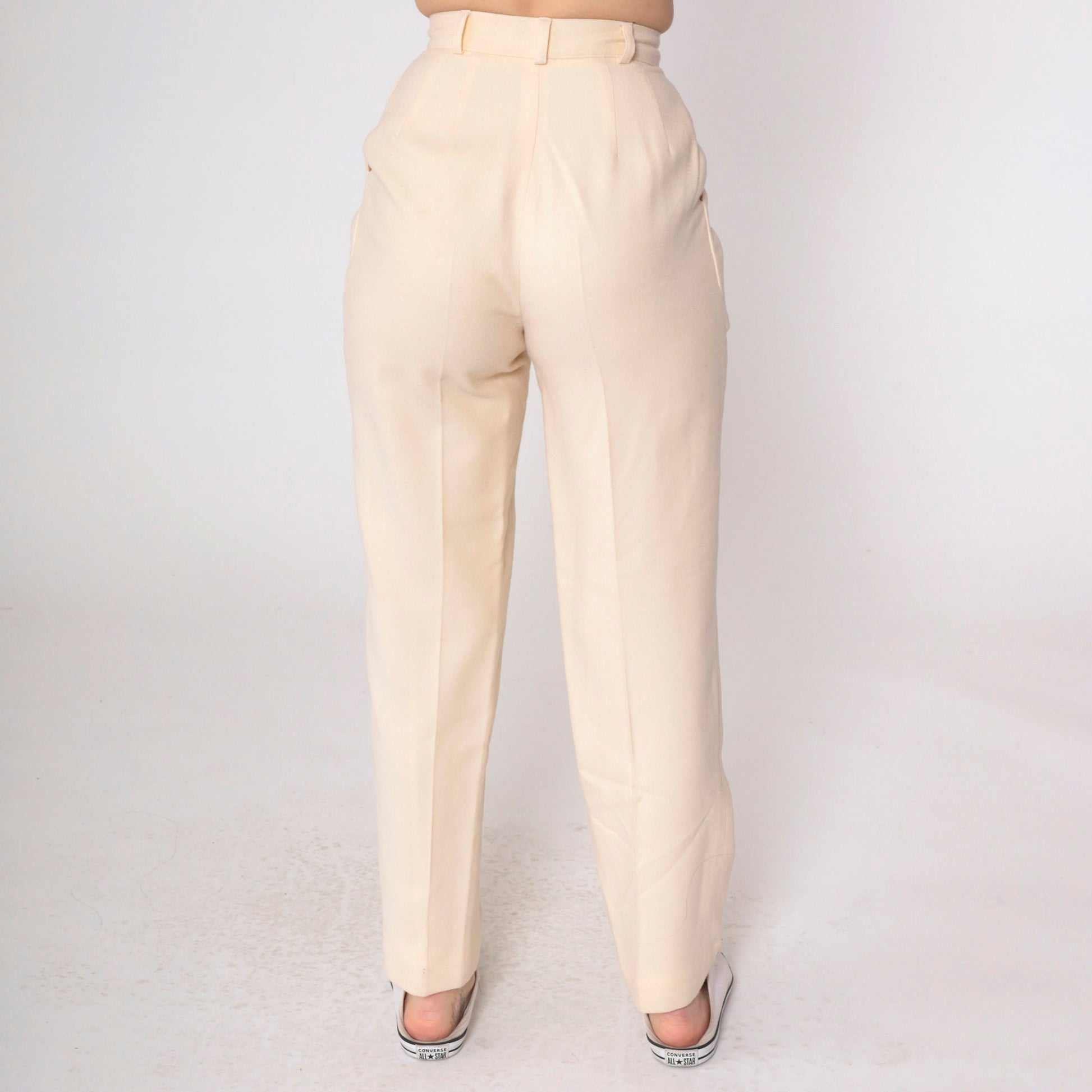 80s Jennifer Moore Cream Wool Pleated Trousers High Waisted Tapered Extra Small