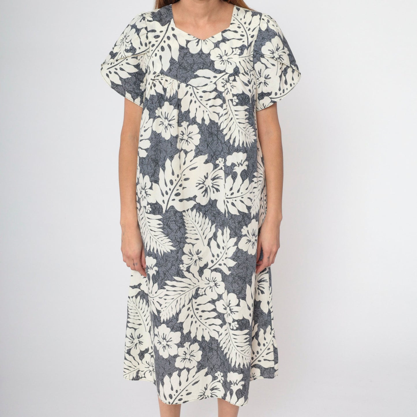 80s Hawaiian Floral Grey Midi Tent Dress Hibiscus Print Medium