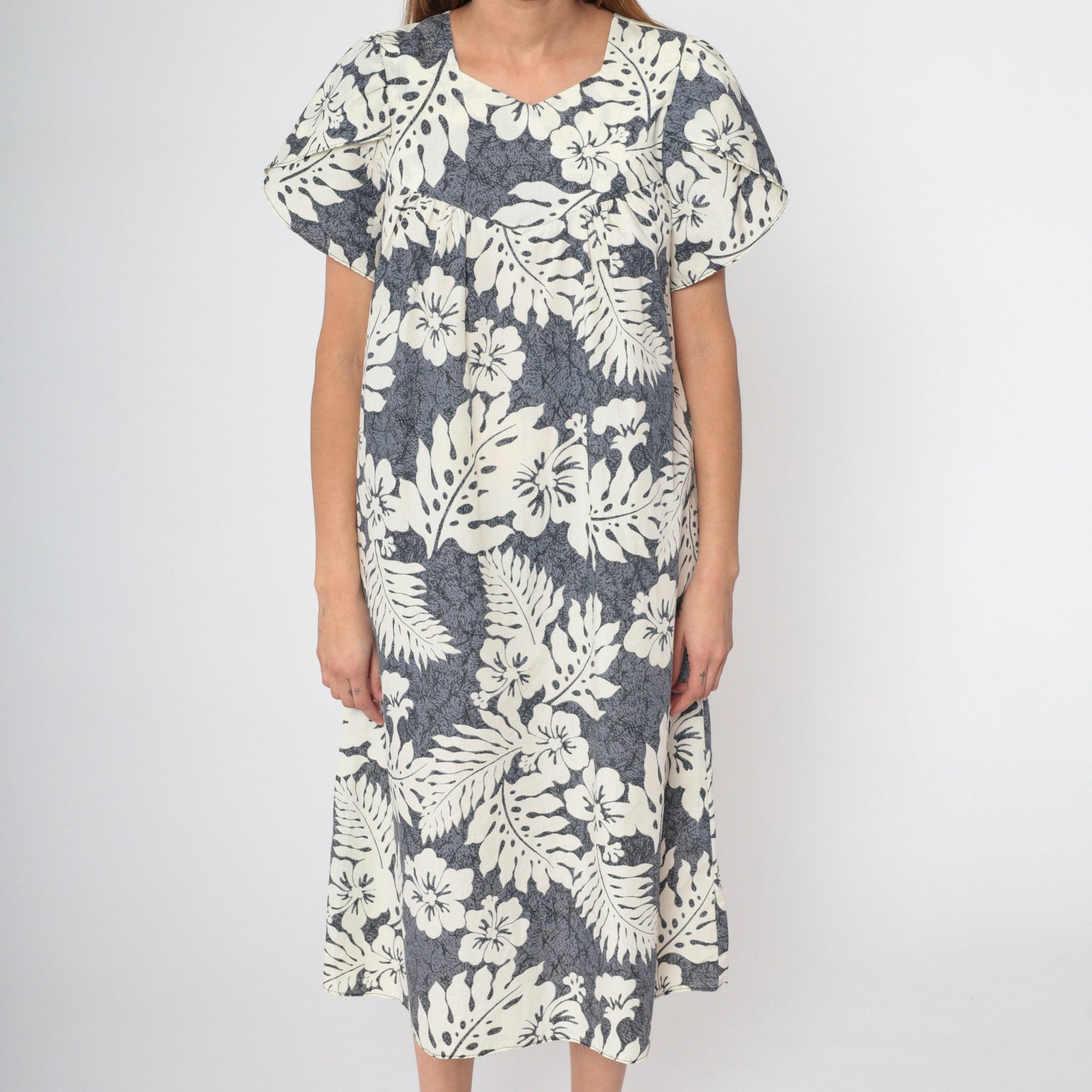 80s Hawaiian Floral Grey Midi Tent Dress Hibiscus Print Medium