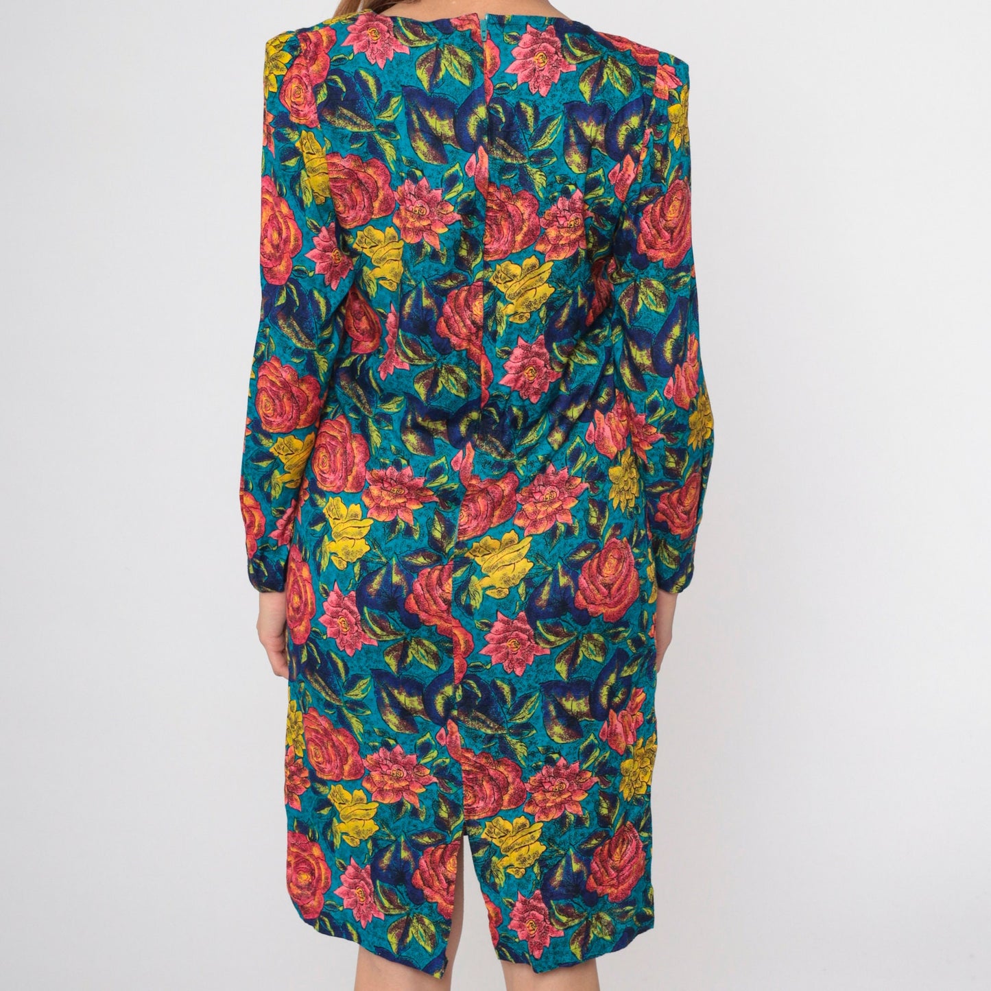 80s Floral Rose Print Midi Dress Puff Sleeve Sheath Pink Blue Small