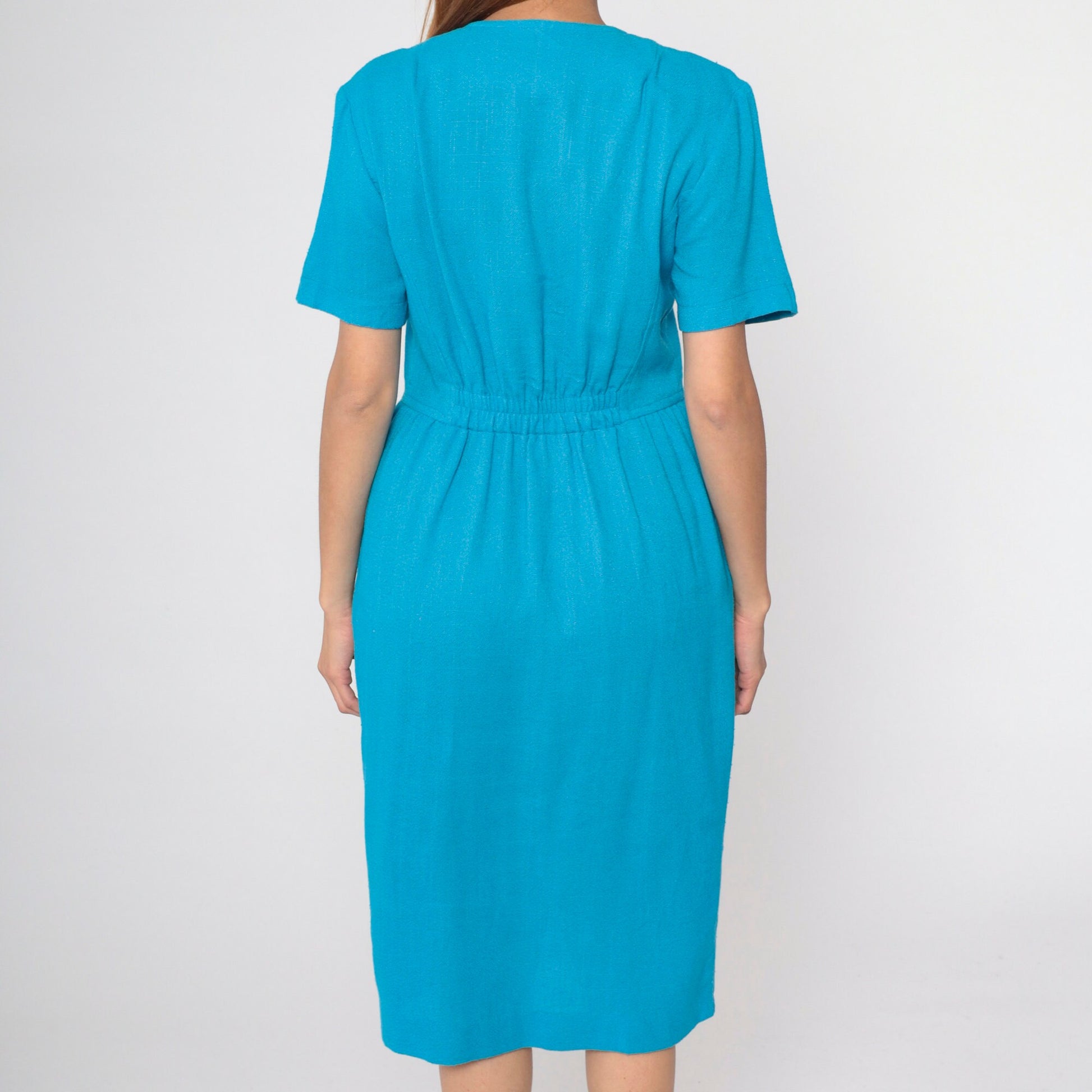 80s Bright Blue Button-Up Midi Sheath Dress Short Sleeve Pencil Skirt Medium 8