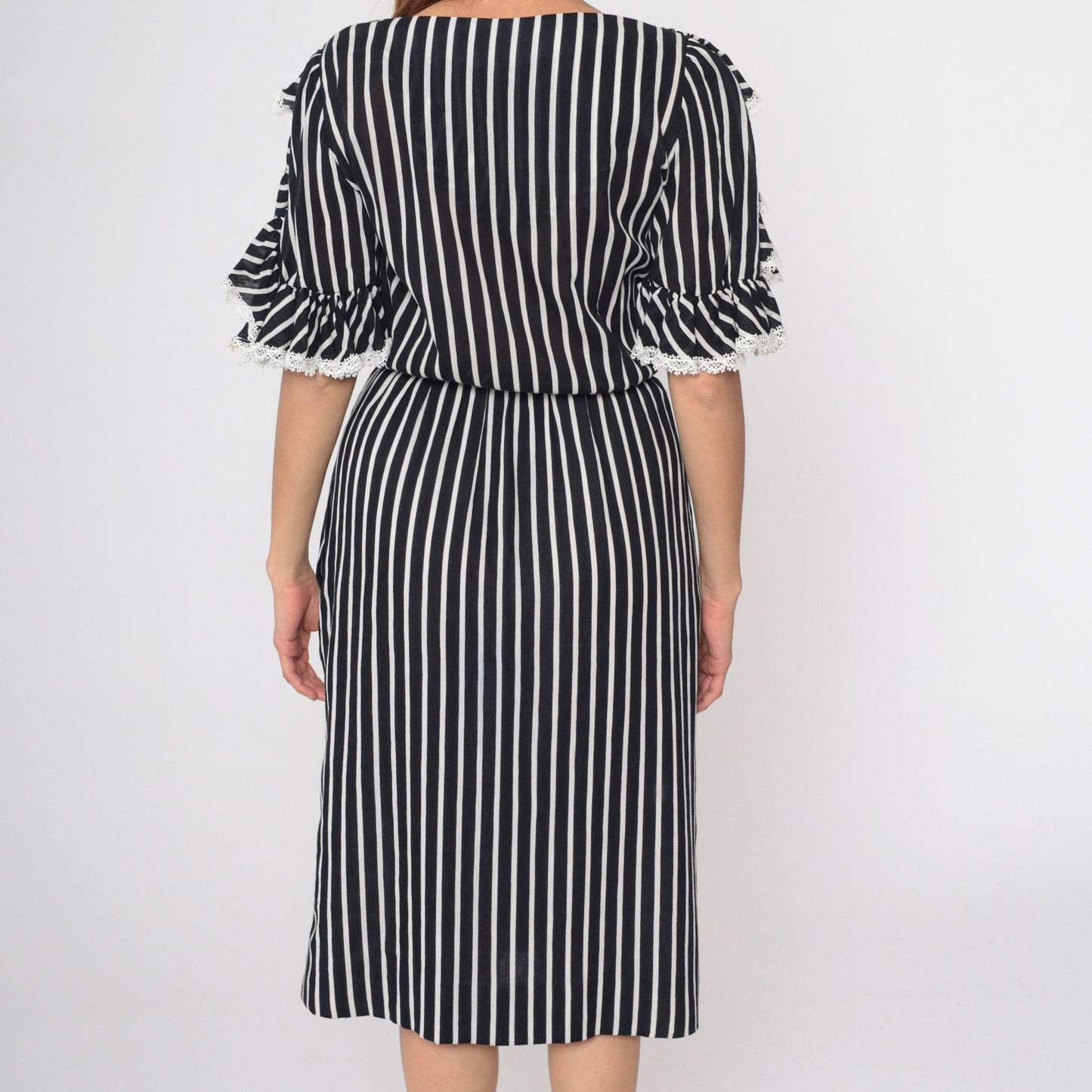 70s Mollie Parnis Black White Striped Midi Dress Button Up Lace Ruffle Small