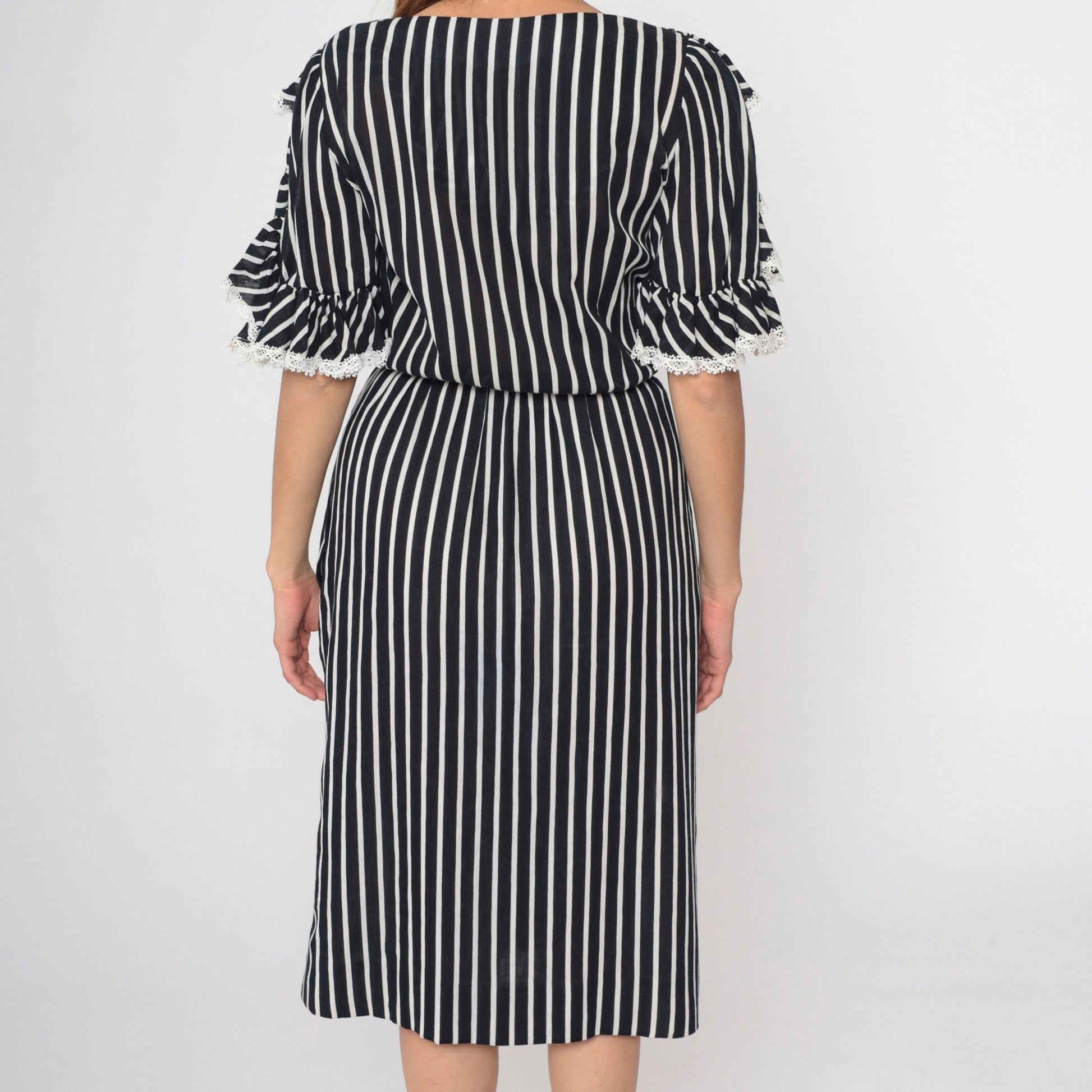 70s Mollie Parnis Black White Striped Midi Dress Button Up Lace Ruffle Small