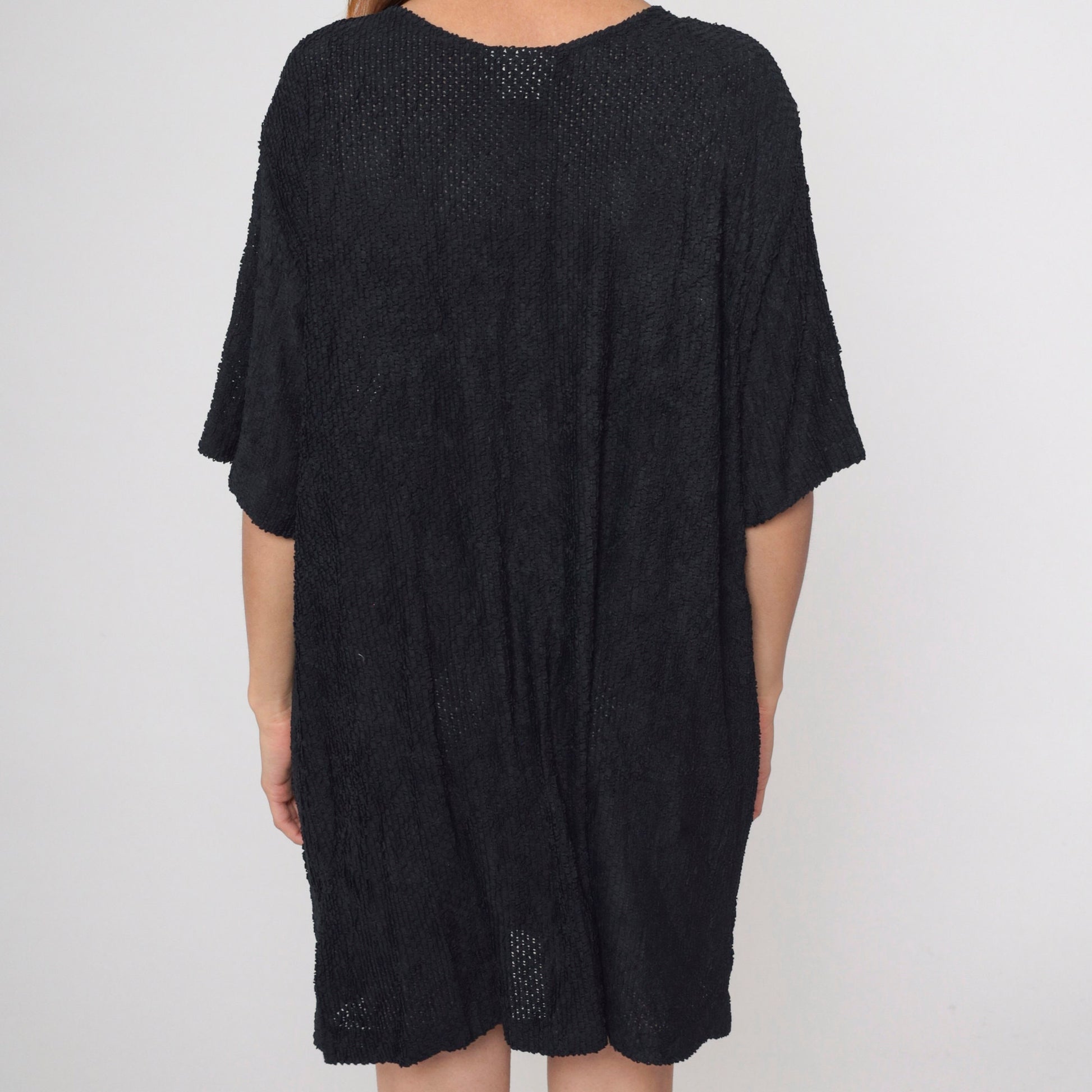 90s Black Semi-Sheer Openwork Shift Dress Plus Size XXL