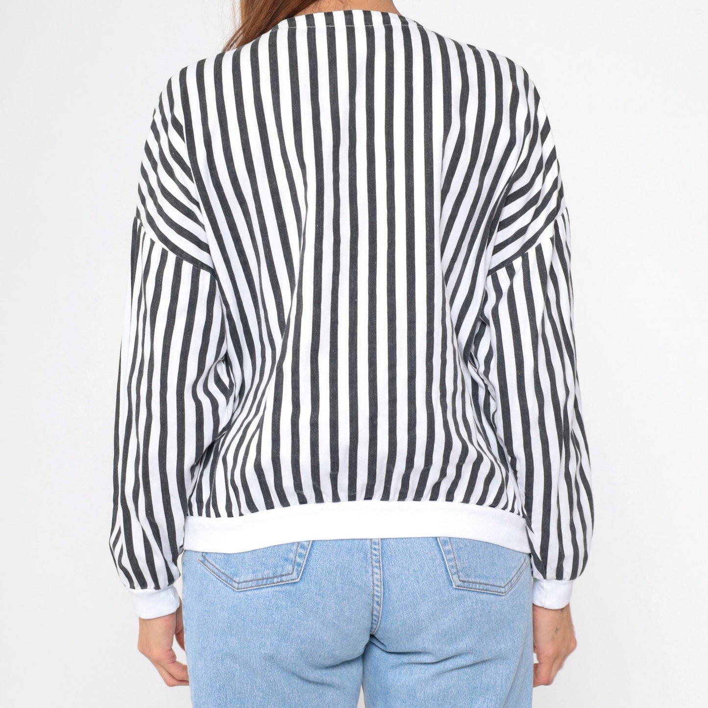 80s Black White Striped Cotton Shacket Hidden Snap Jacket Medium
