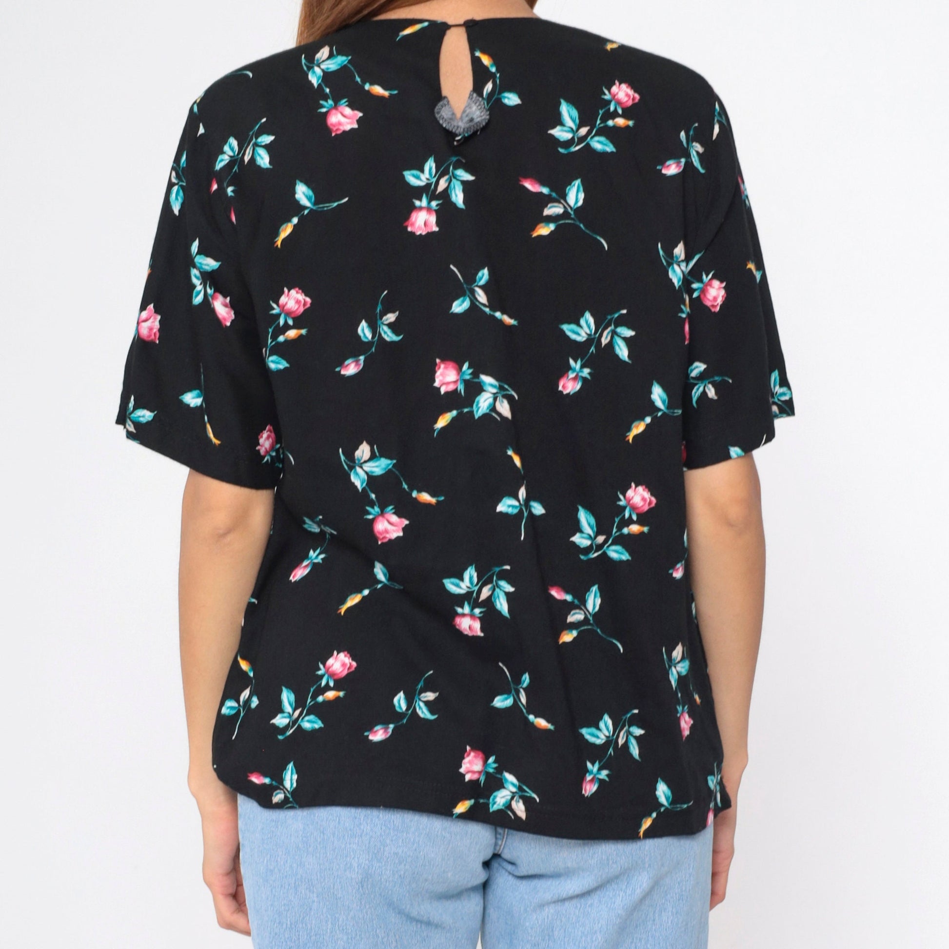 90s Black Floral Rayon Blouse Short Sleeve Rose Print Shirt Medium