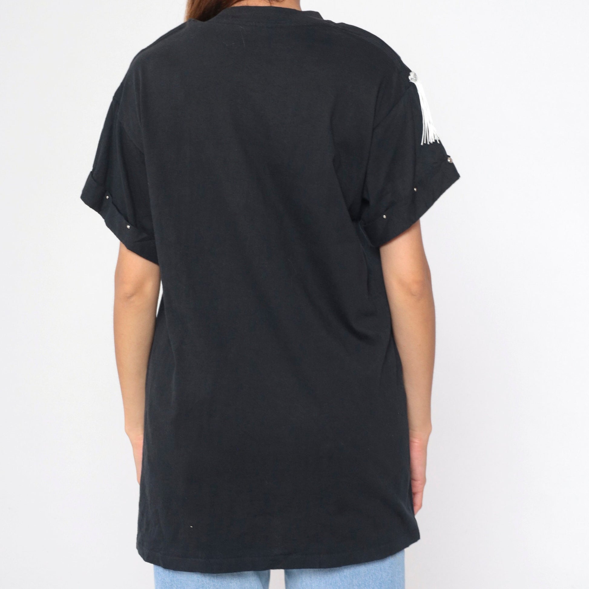 90s Southwest Fringe T-Shirt Black Studded Horseshoe Concho Cotton Medium