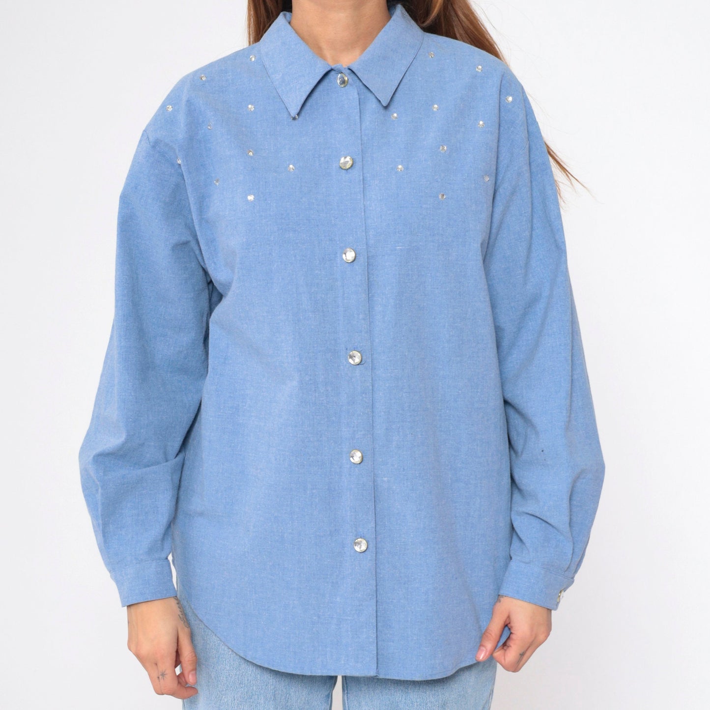 90s Blue Chambray Blouse Rhinestone Studs Long Sleeve Collared Shirt Large