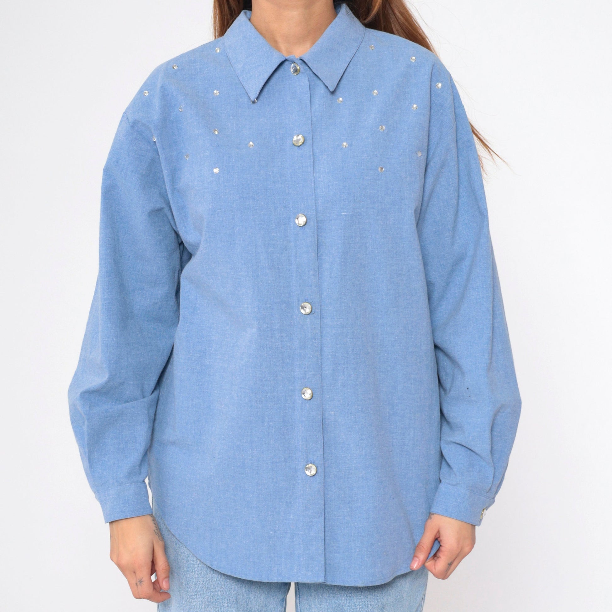 90s Blue Chambray Blouse Rhinestone Studs Long Sleeve Collared Shirt Large