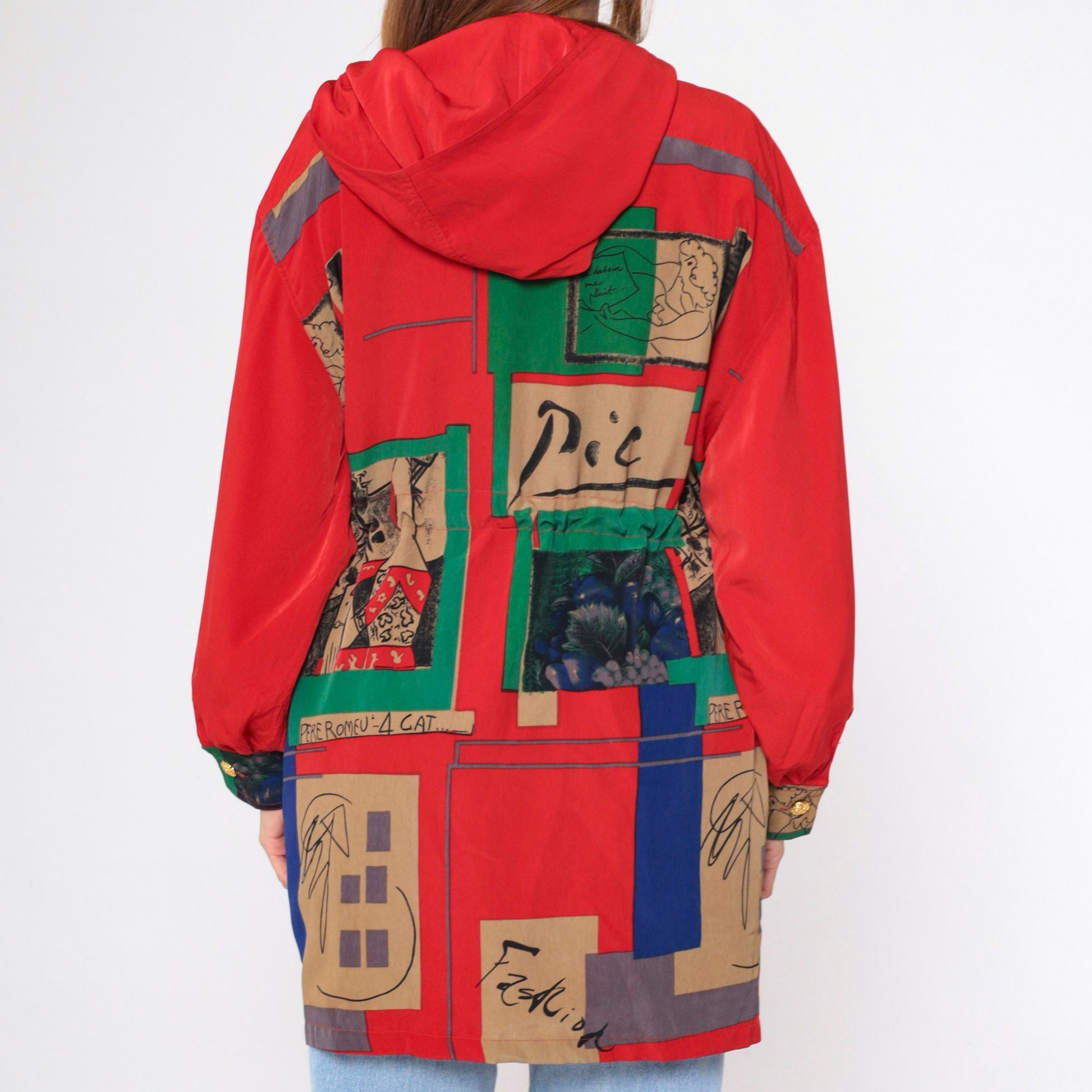 90s Picasso Barcelona Art Hooded Jacket Red Button-Up Drawstring Waist Large L